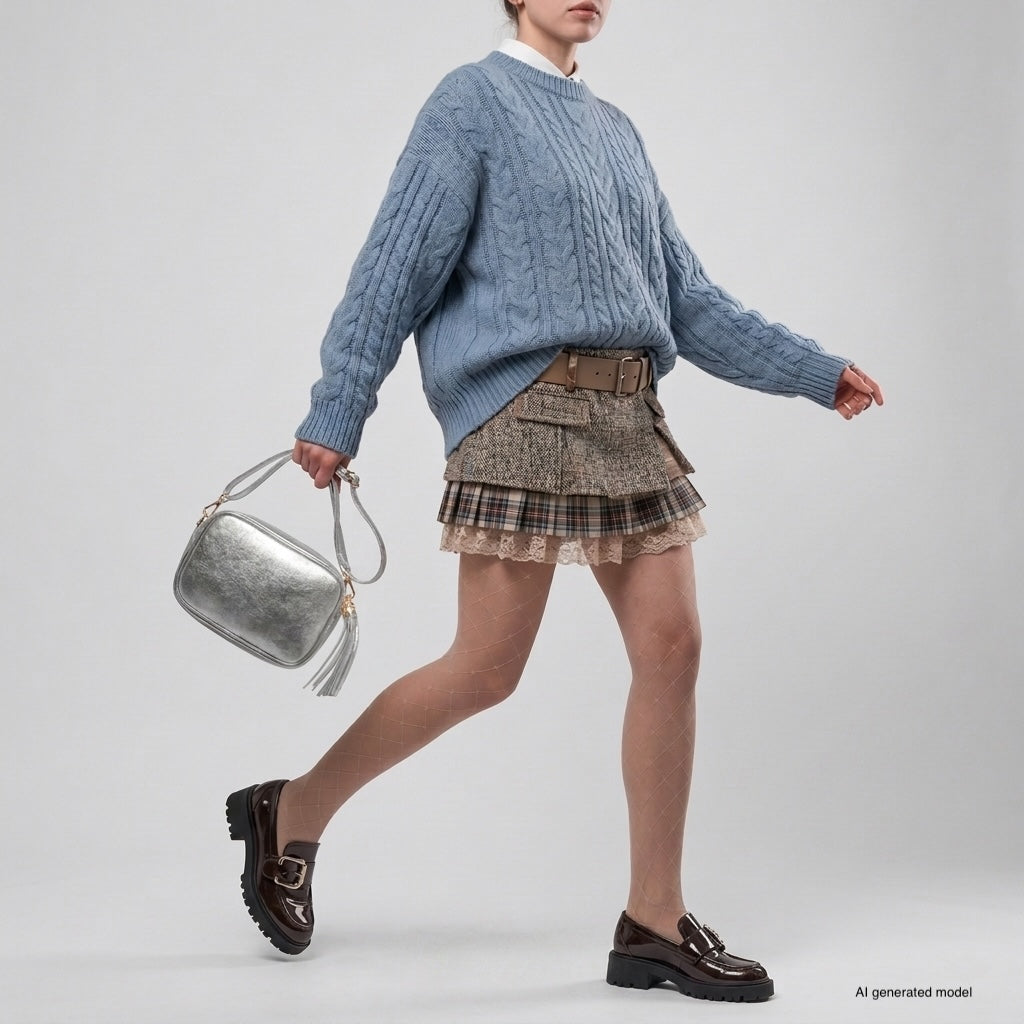 A person wearing a blue cable-knit sweater, plaid mini skirt with lace trim, sheer tights, and brown loafers walks while carrying a compact rectangular handbag against a plain light background.