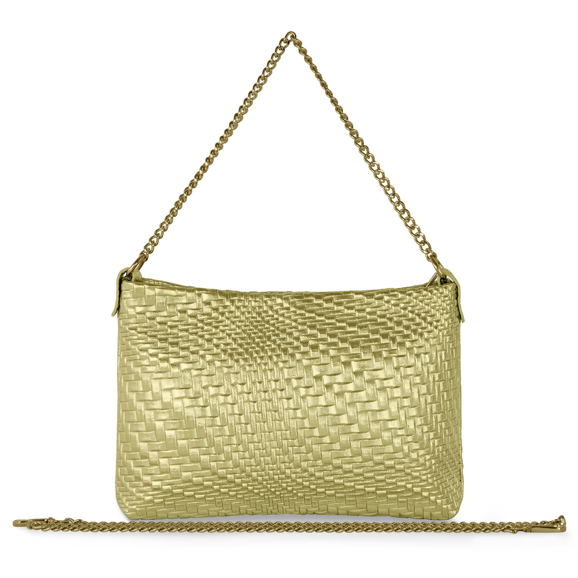A Grid Metallic Gold leather bag with a gold chain shoulder strap and an extra chain in front—this Italian handcrafted handbag brings Florentine elegance to any occasion.