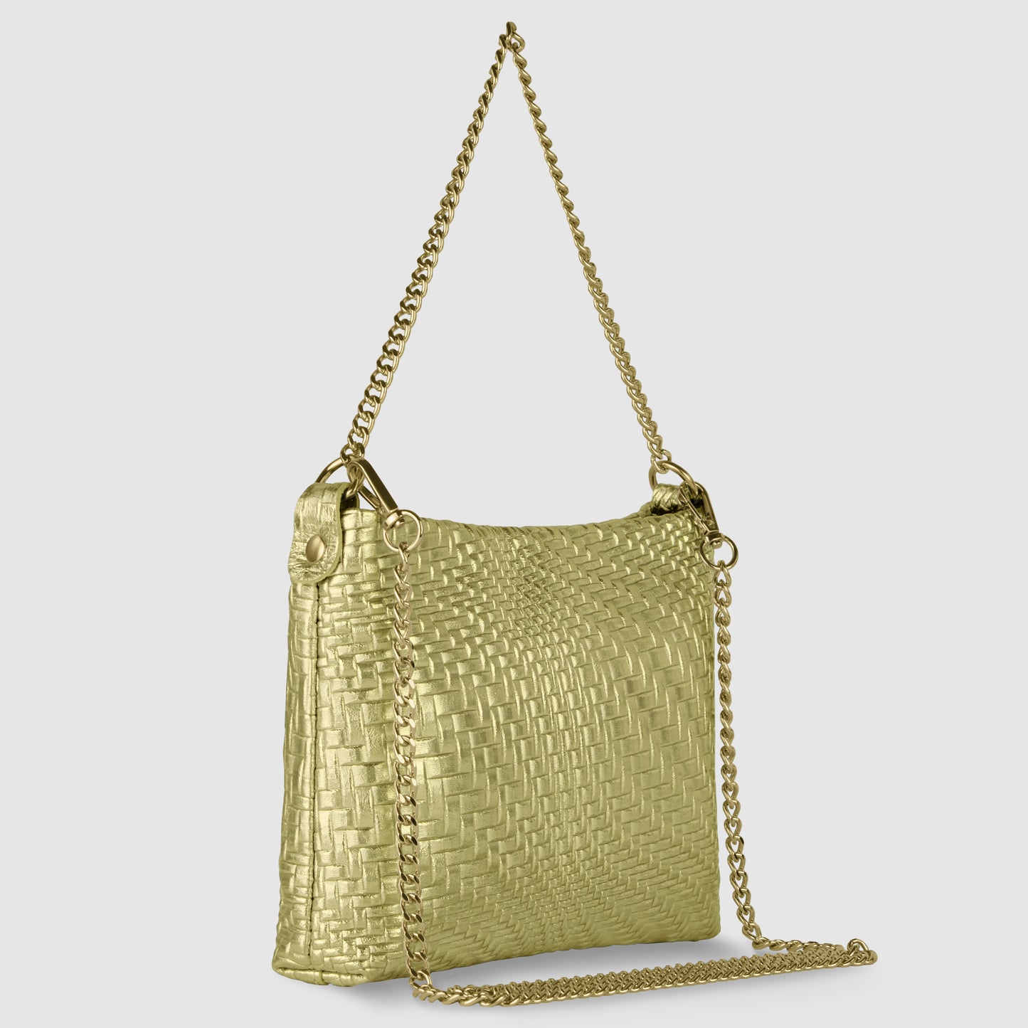 A metallic-woven leather bag with a rectangular shape and long gold chain strap. Inspired by Florentine leathercraft, this Italian handcrafted handbag features a textured basket-weave design and metallic finish, set against a light grey background.