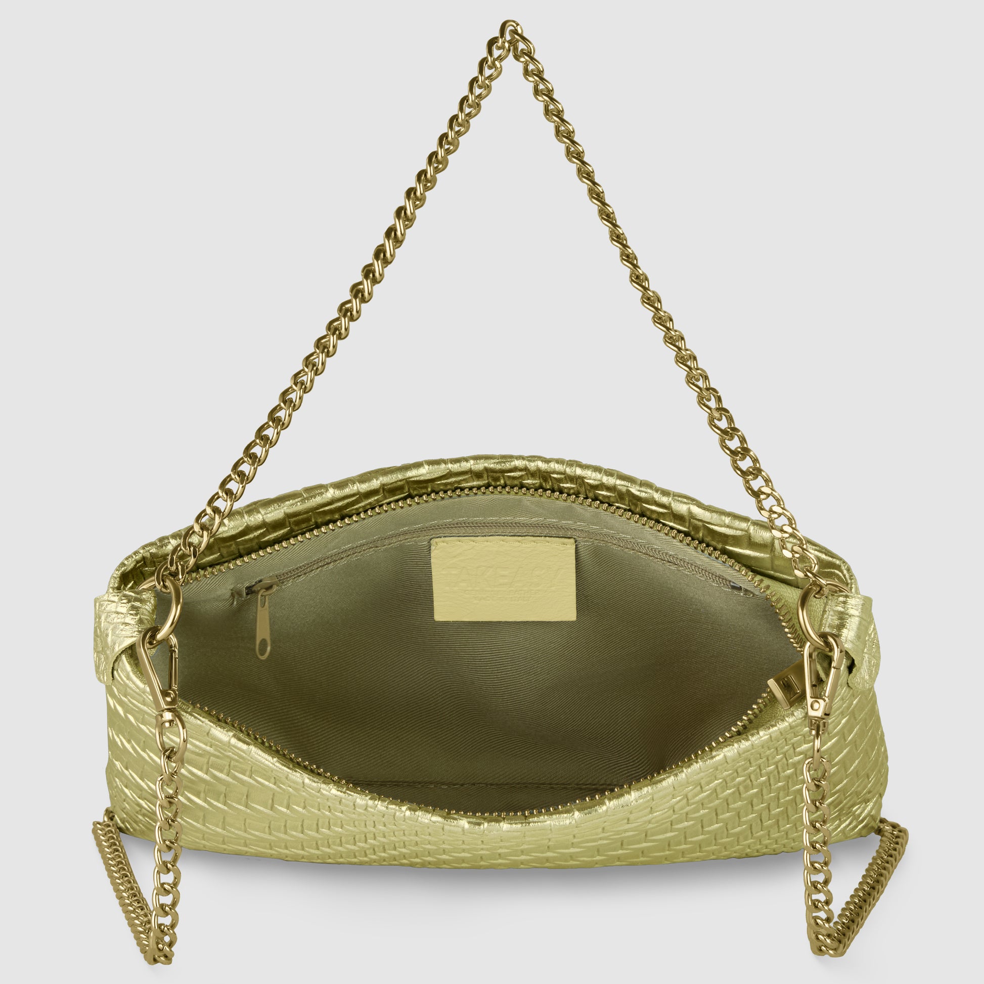 A metallic-woven leather bag with a woven texture is shown open, displaying a spacious interior, a zippered pocket, and a gold chain shoulder strap—a stunning example of Italian handcrafted handbag artistry.