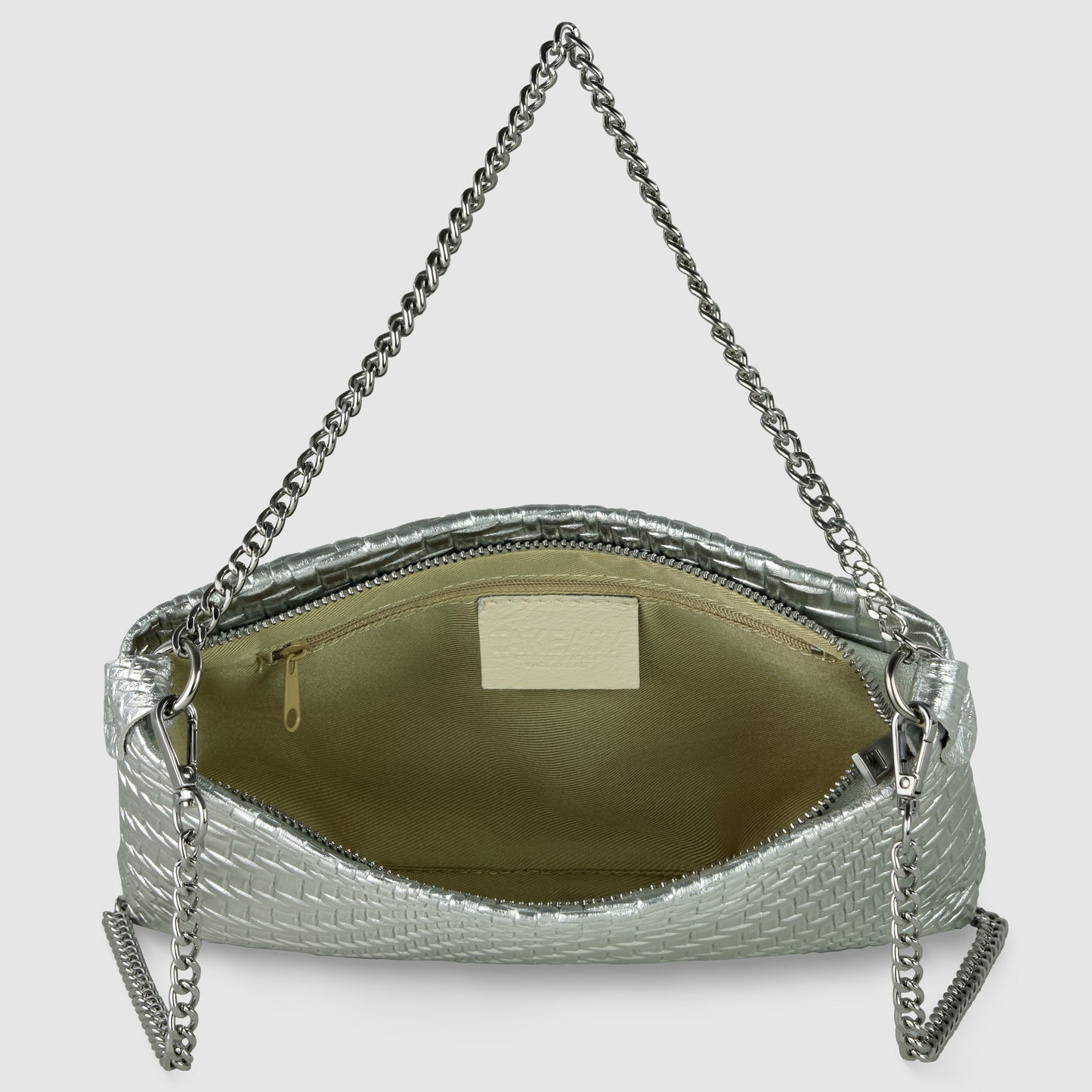 A metallic-woven leather bag with a chain strap is open, revealing a light beige interior and a small zippered pocket on one side—a stunning example of Italian handcrafted handbag artistry.