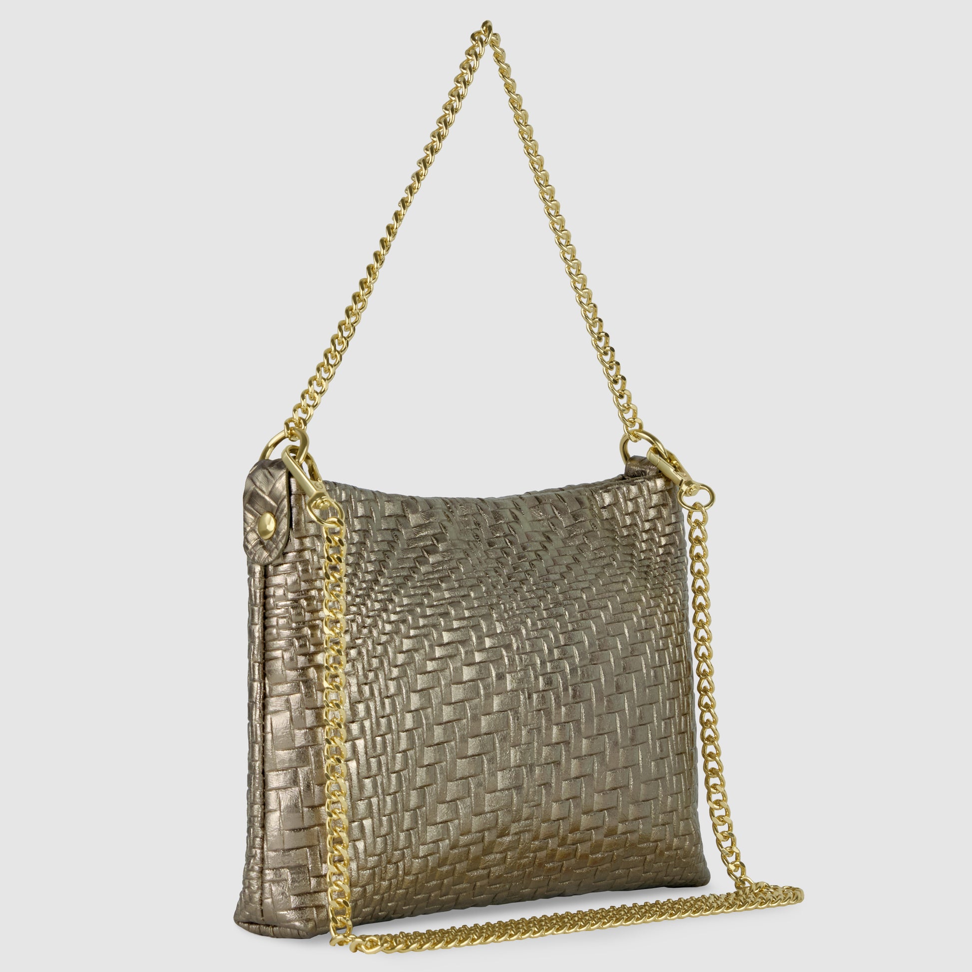 A metallic-woven leather bag, this bronze clutch features gold hardware and a chain strap, showcasing impeccable Florentine leathercraft, standing upright against a plain white background.