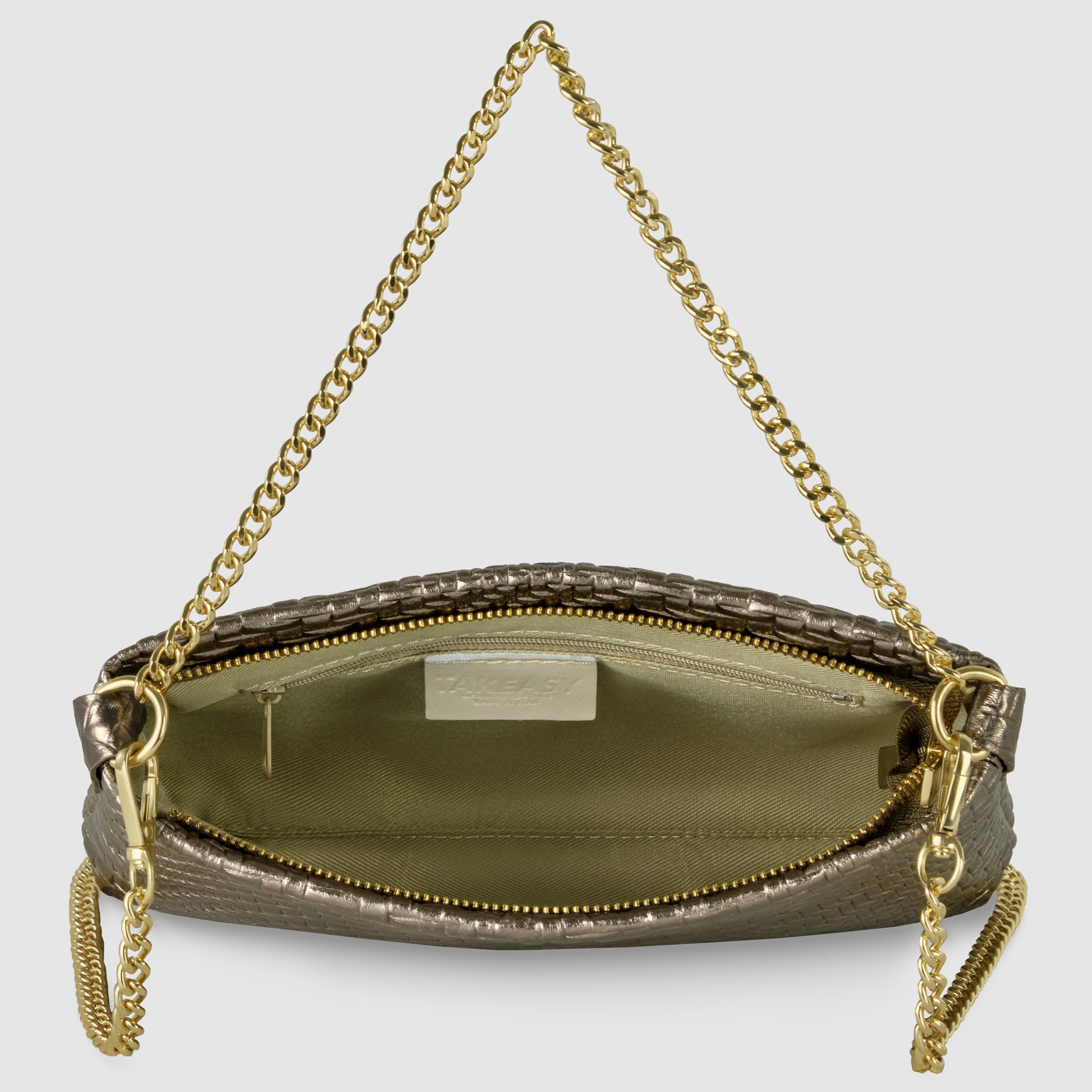 A metallic-woven leather bag with a gold chain strap, shown open from above to reveal its light-colored interior and a small interior label—an elegant nod to Florentine leathercraft.