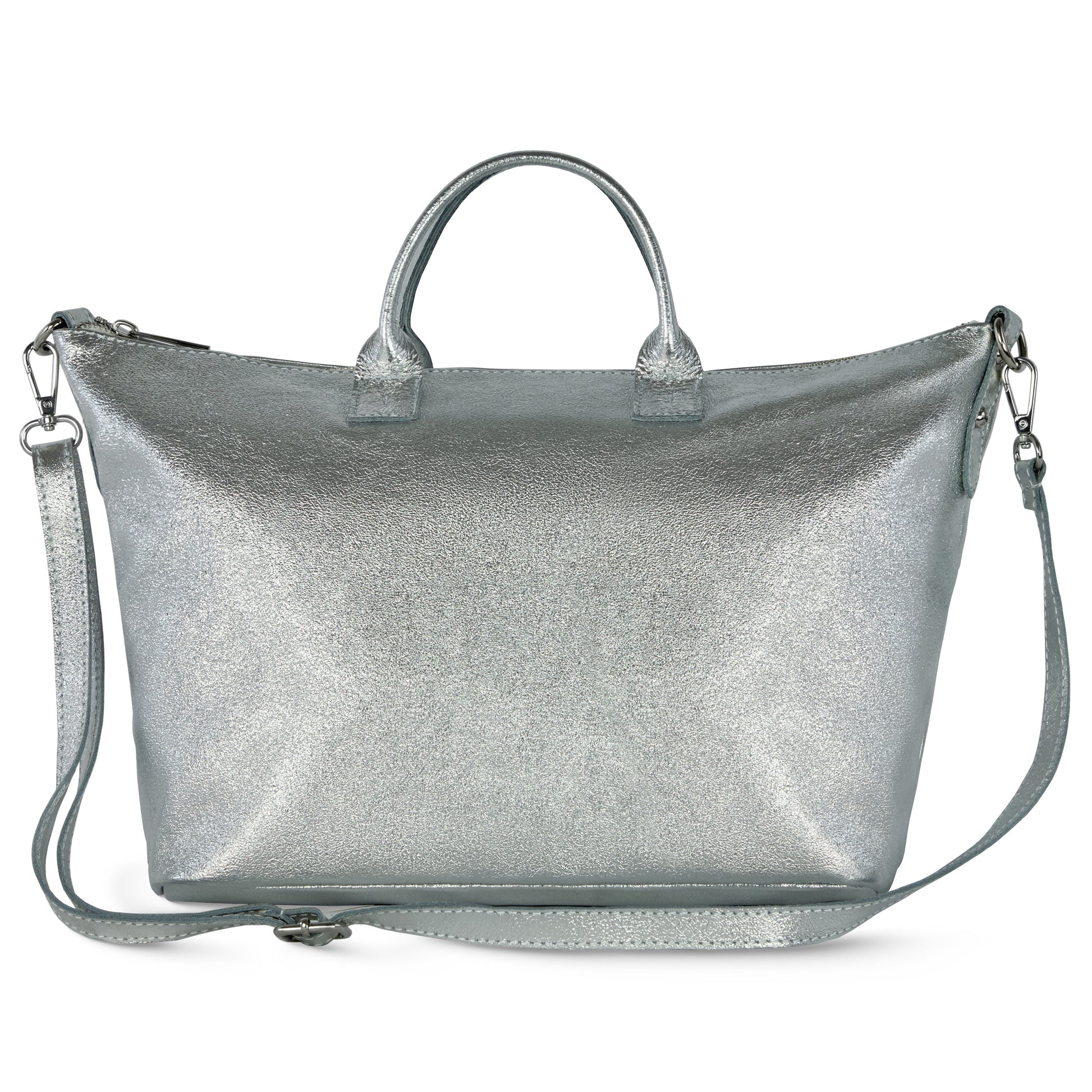 A metallic silver Italian handbag with two short handles and a detachable, adjustable shoulder strap. The bag features a smooth, shiny texture and a zippered top closure.