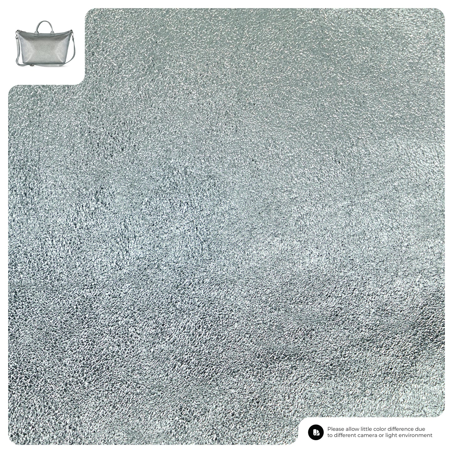 A textured silver surface is shown, with a small inset image of an Italian handbag in the top left corner. A note at the bottom right mentions possible color differences due to camera or lighting.