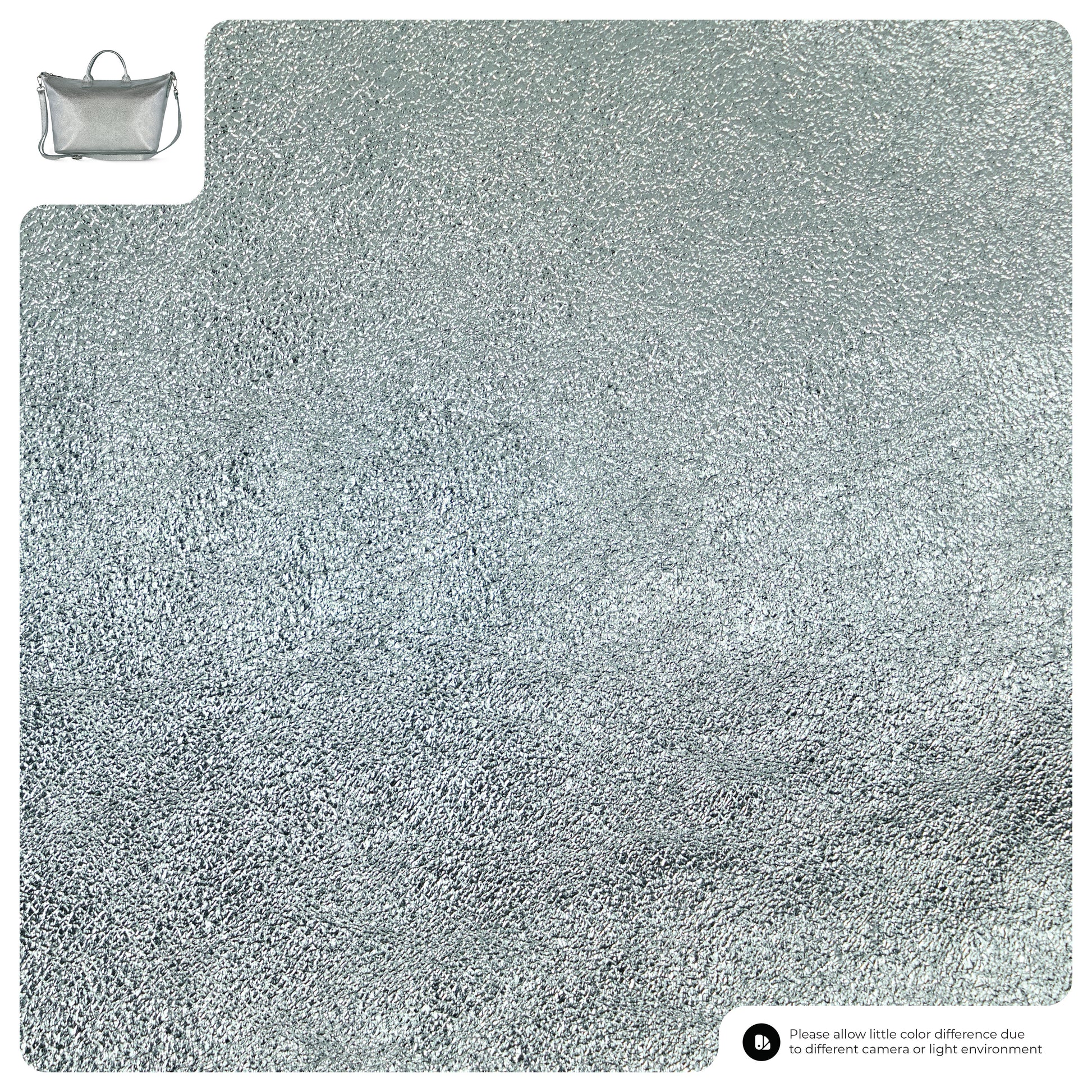 A textured silver surface is shown, with a small inset image of an Italian handbag in the top left corner. A note at the bottom right mentions possible color differences due to camera or lighting.