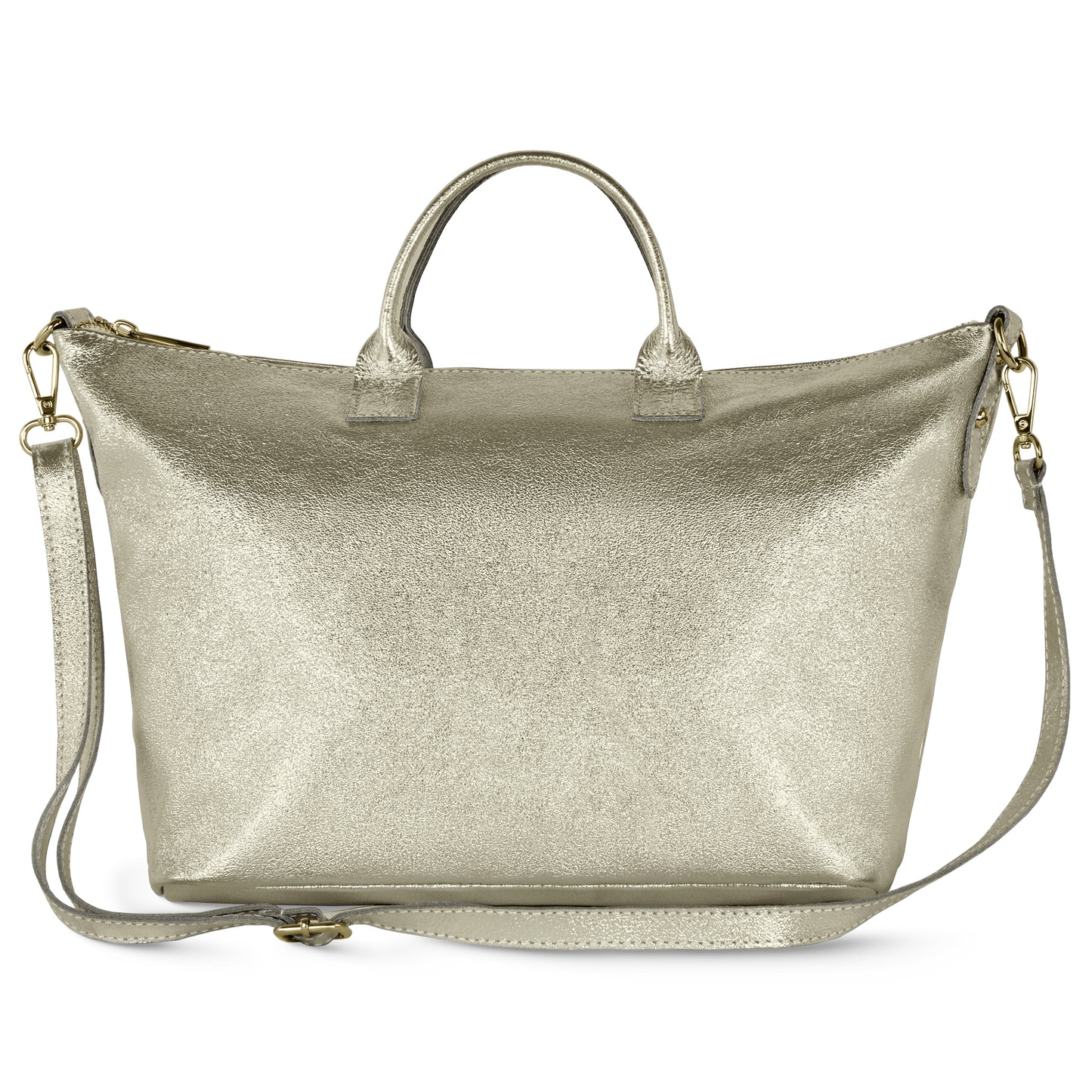 Metallic gold Italian handbag with two short handles and a detachable, adjustable shoulder strap. The bag features a textured finish and gold hardware, displayed against a white background.