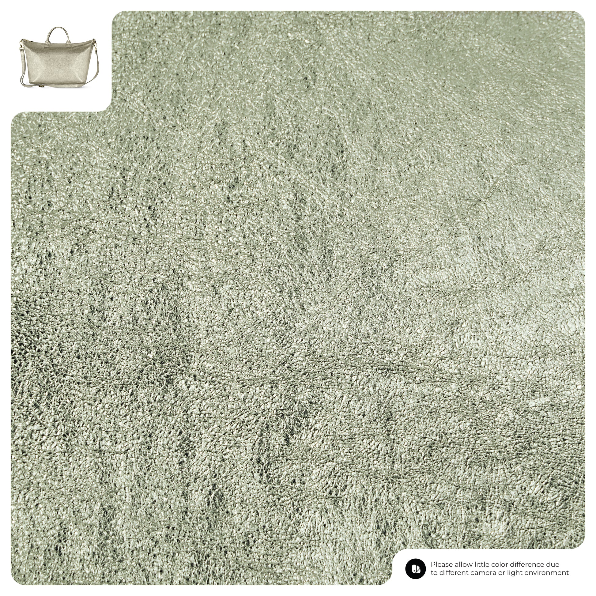A close-up view of a textured, shiny silver fabric with a metallic finish. At the top left, an inset displays a metallic suede purse made from the same material. Text at the bottom notes possible color differences.