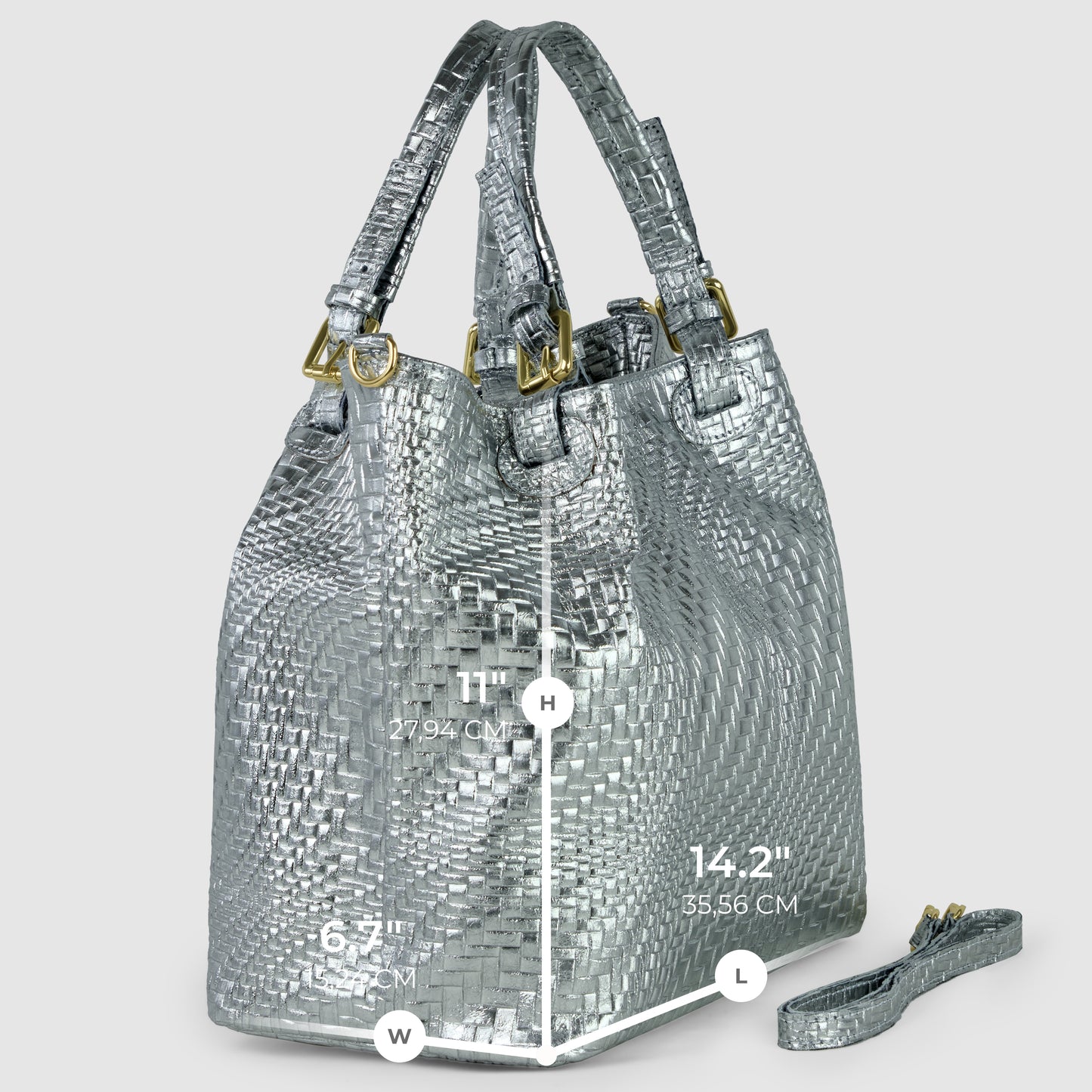 A silver woven women's handbag with two handles and gold hardware is shown upright. Next to it lies a detachable strap. Dimensions are marked: 11 inches high, 6.7 inches wide, and 14.2 inches long.