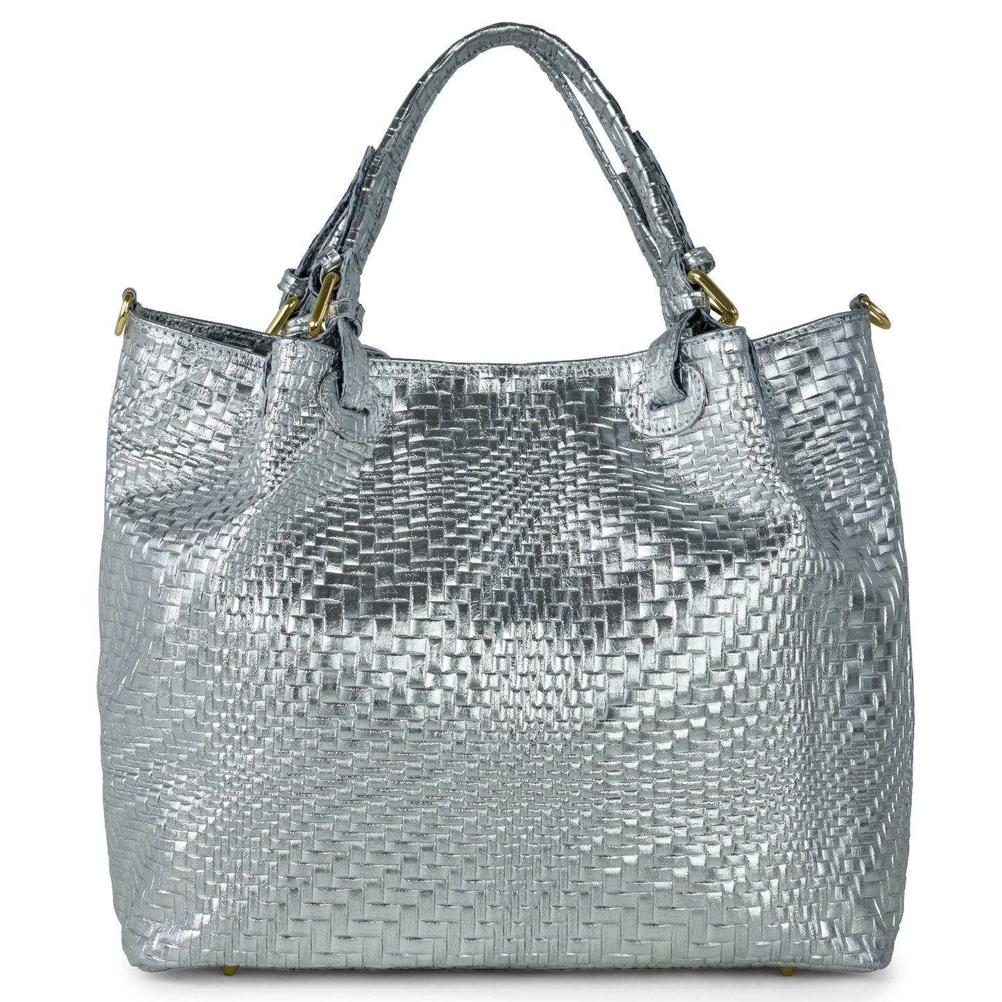 A silver Italian leather handbag with two handles and gold hardware, featuring a textured, basket-weave pattern on the surface—an elegant women's designer bag.