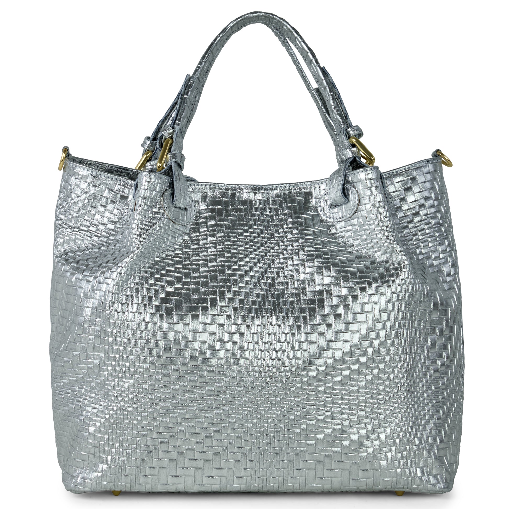 A silver Italian leather handbag with two handles and gold hardware, featuring a textured, basket-weave pattern on the surface—an elegant women's designer bag.