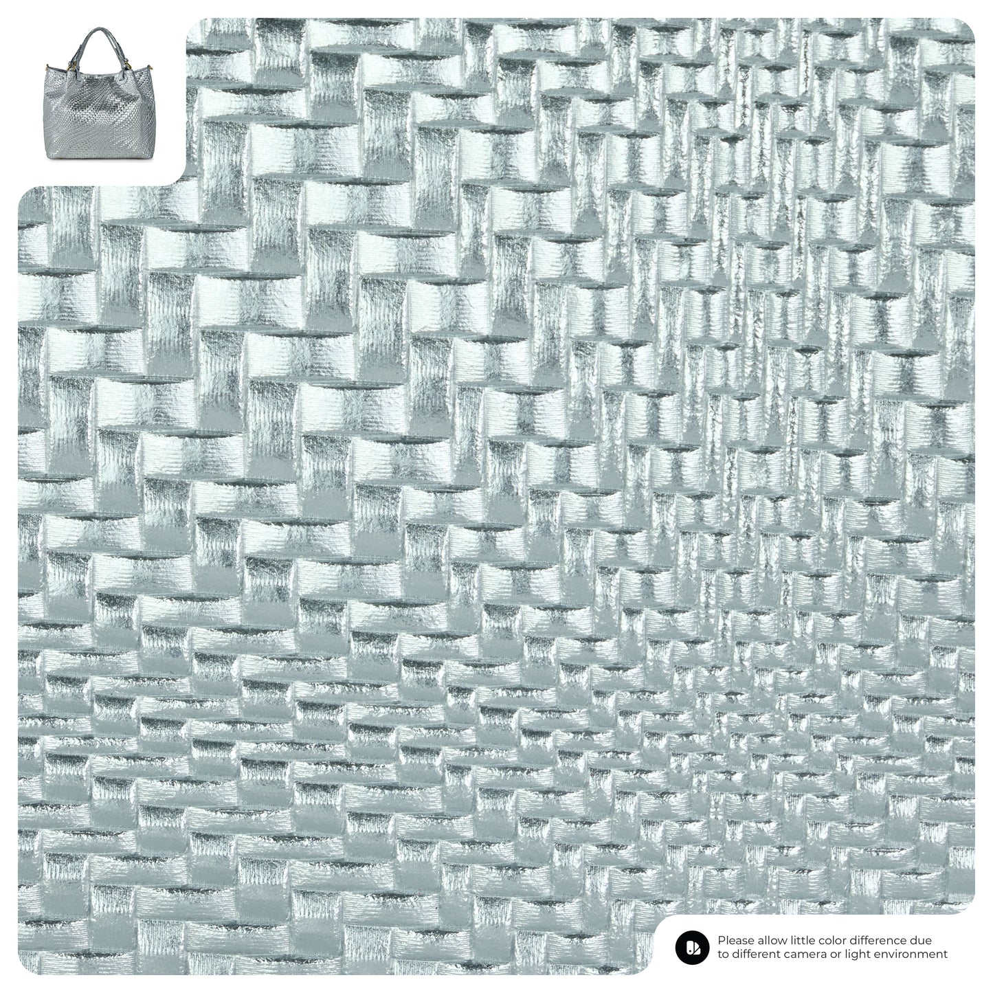 Close-up of a light silver woven fabric with a shiny texture, arranged in a basket weave pattern. An inset in the top left shows a women’s handbag crafted from the same material. Text at the bottom notes possible color differences.