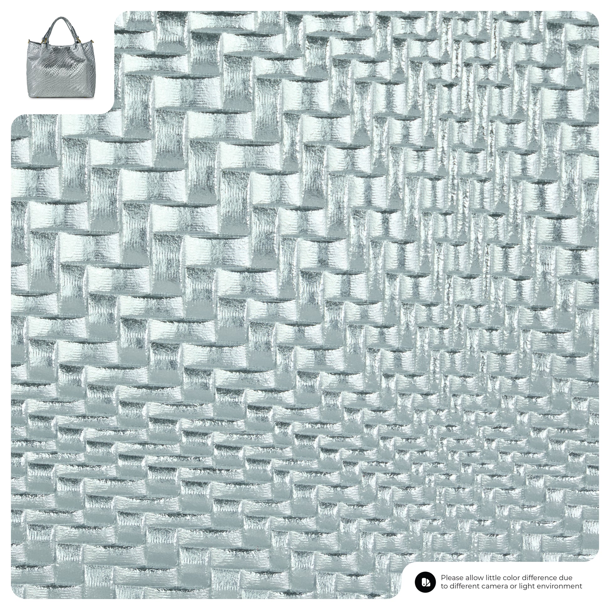Close-up of a light silver woven fabric with a shiny texture, arranged in a basket weave pattern. An inset in the top left shows a women’s handbag crafted from the same material. Text at the bottom notes possible color differences.