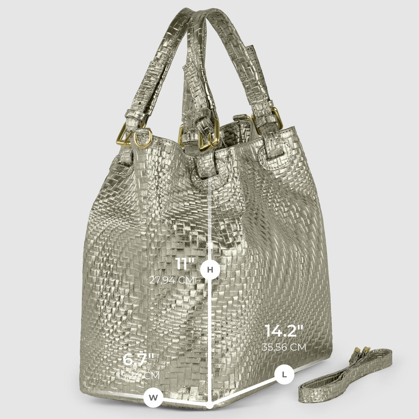 A metallic woven handcrafted designer bag stands upright, with dimensions labeled: height 11 (27.94 cm), width 6.7 (17.01 cm), and length 14.2 (35.56 cm). A matching detachable strap lies beside the bag.
