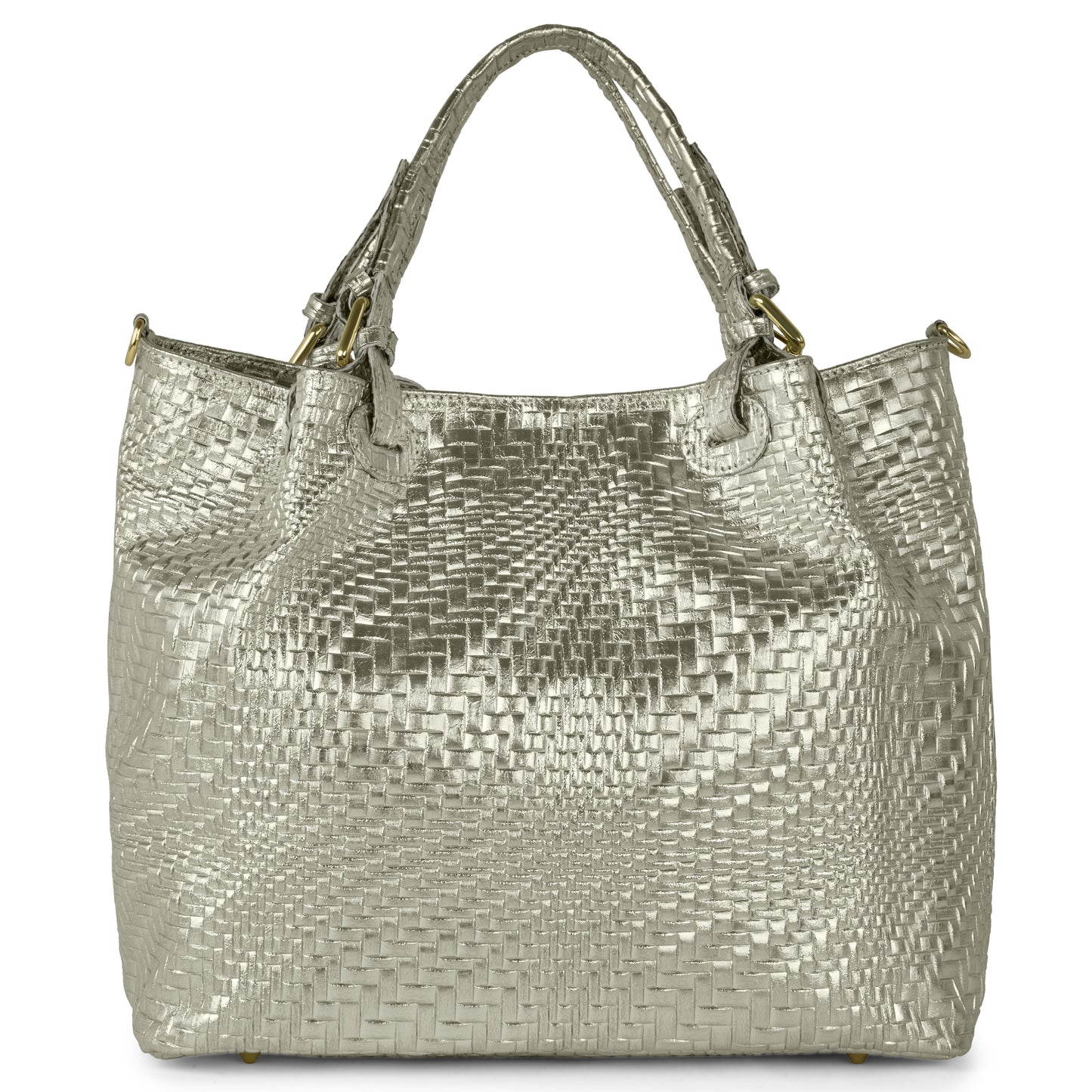 A large metallic silver tote bag with a textured, woven pattern, two sturdy handles, and gold-tone hardware—an eye-catching piece inspired by the elegance of an Italian leather handbag.