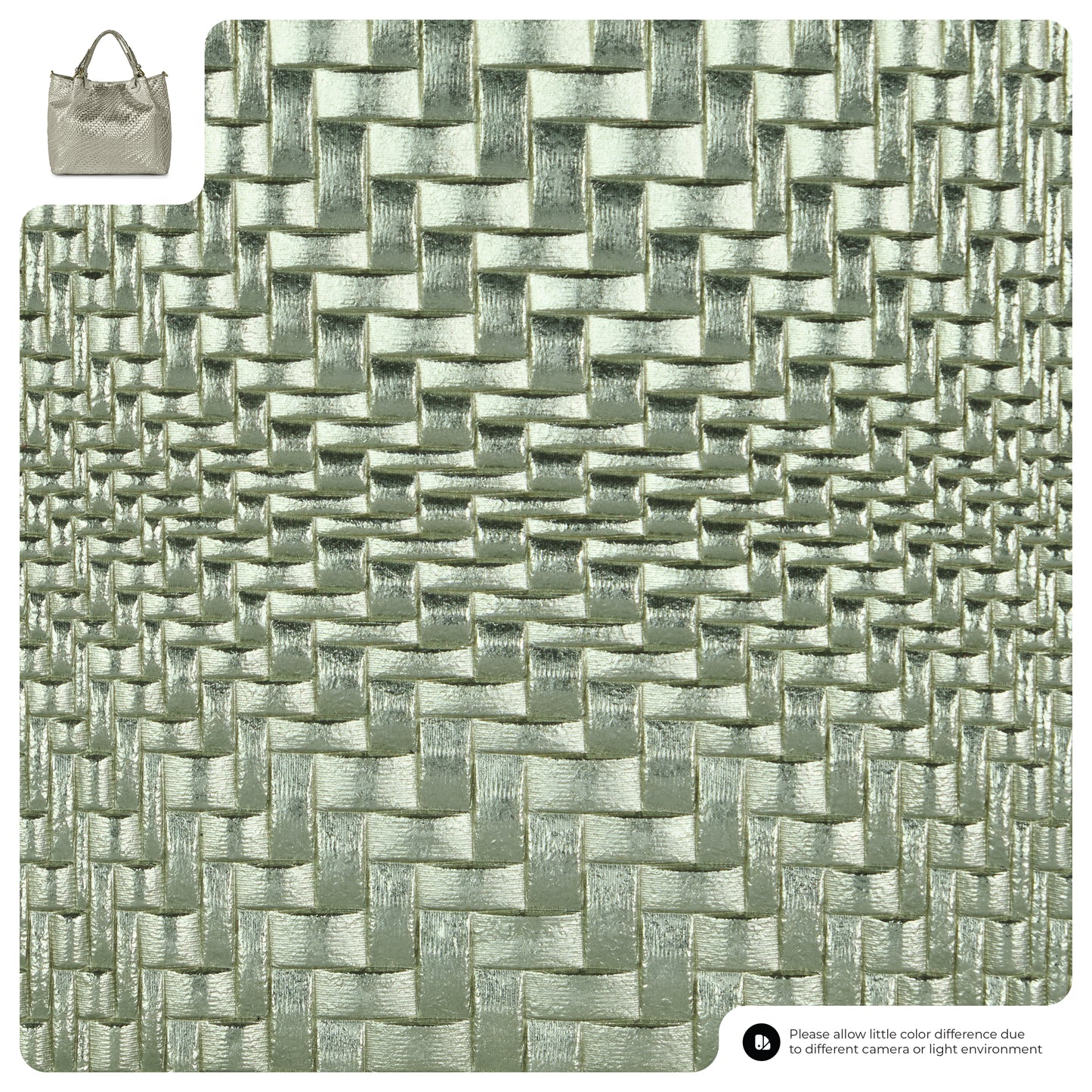 Close-up of a light green, woven textured pattern, likely fabric or faux leather. Small inset image at the top left shows a handcrafted designer bag or Italian leather handbag made from the same material.
