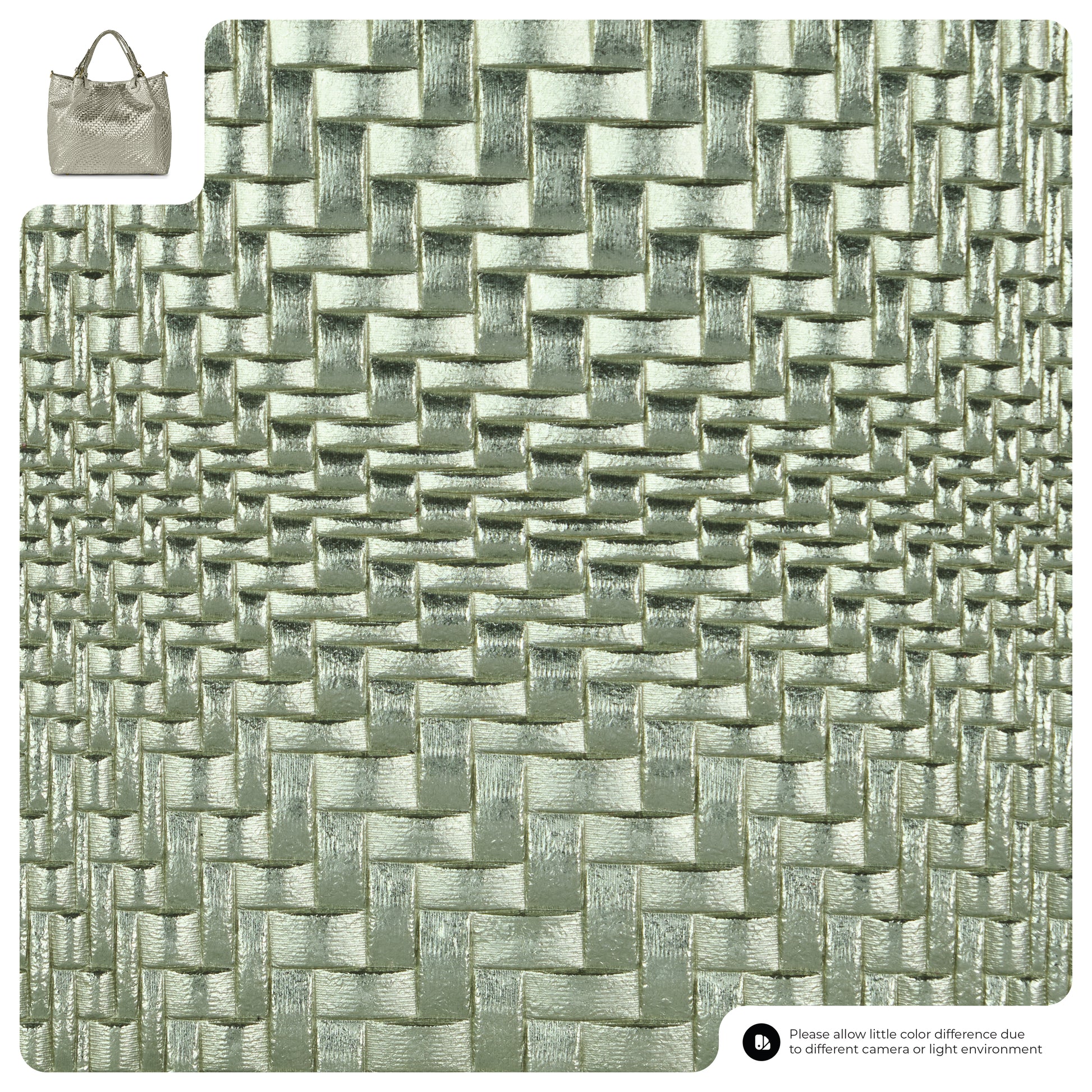 Close-up of a light green, woven textured pattern, likely fabric or faux leather. Small inset image at the top left shows a handcrafted designer bag or Italian leather handbag made from the same material.