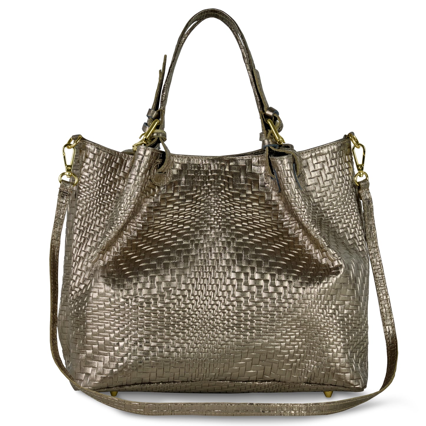 A metallic Italian leather bag with two short handles, a detachable shoulder strap, and gold-tone hardware. The women's handbag features a textured, basket-weave pattern and a structured shape for stylish versatility.