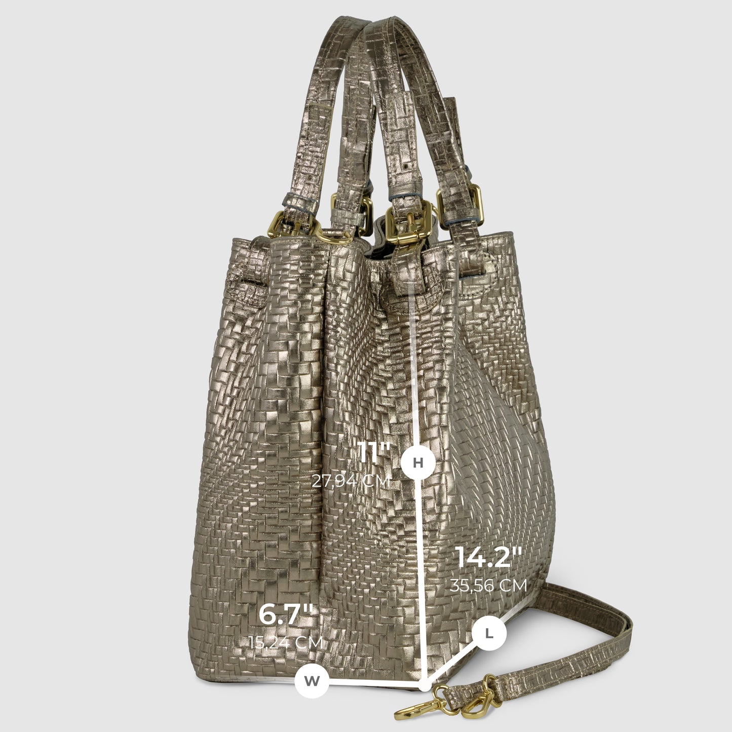 Italian leather handbag with gold hardware sits upright, showcasing its metallic woven design. White lines and text highlight its dimensions: 11 height, 6.7 width, and 14.2 length. Detachable strap displayed in front of this women's designer bag.