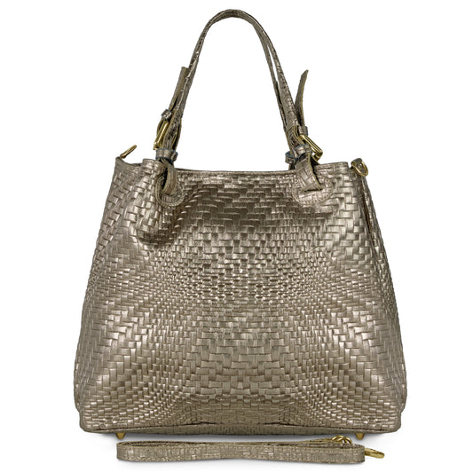 A metallic gold woven women's designer purse with two handles, gold hardware, and a detachable shoulder strap. This structured bag features a textured design and stands upright against a white background.