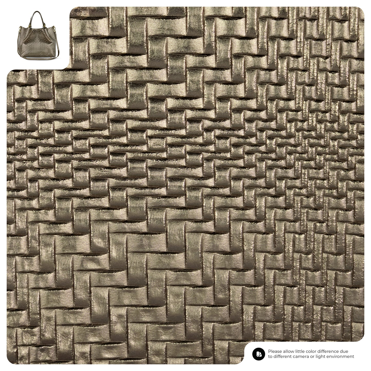 Close-up of a textured, metallic gold woven material with a basket-like pattern. A small inset image in the top left corner shows an elegant women's handbag crafted from the same luxurious material.