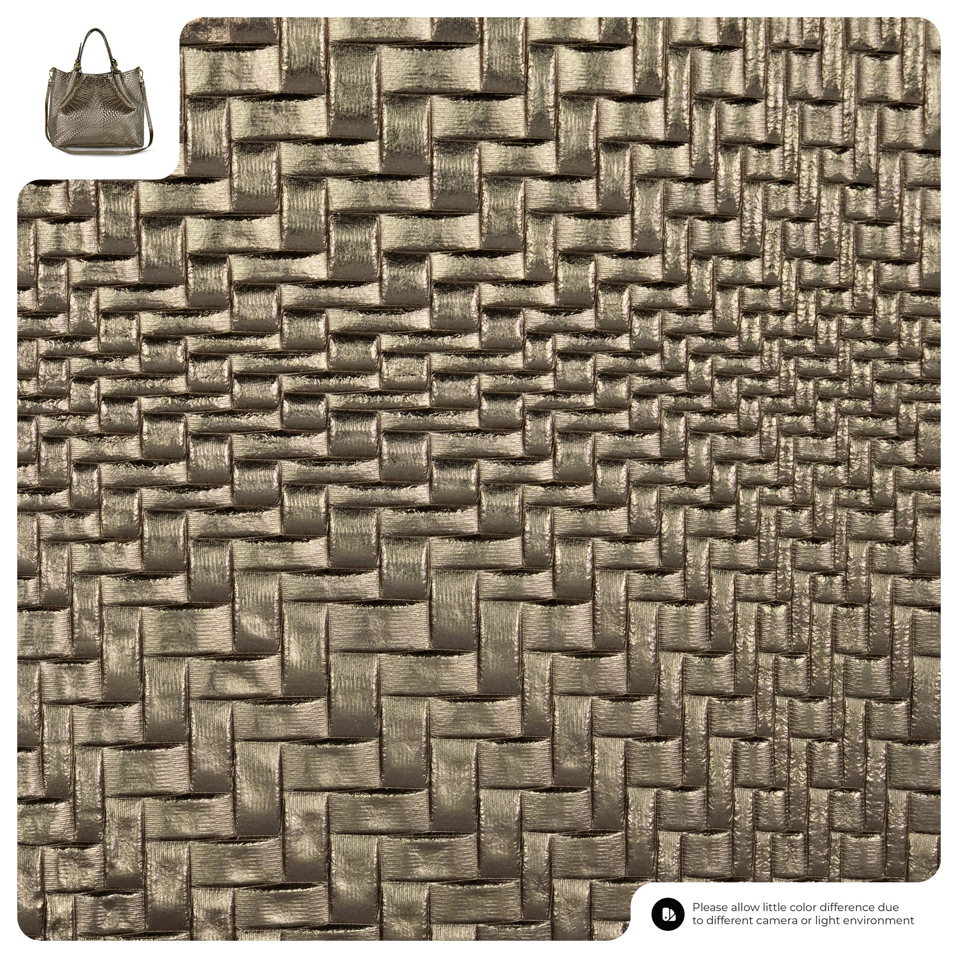 Close-up of a textured, metallic gold woven material with a basket-like pattern. A small inset image in the top left corner shows an elegant women's handbag crafted from the same luxurious material.