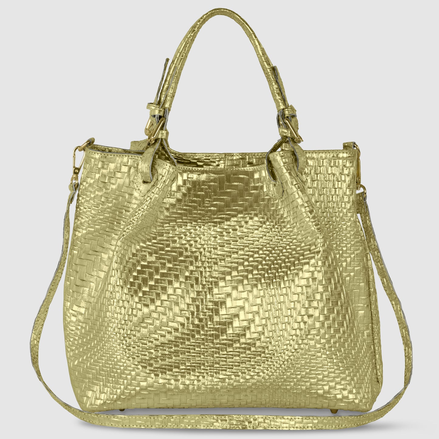 A Grid Metallic Gold Italian leather handbag with a woven texture, two short handles, and a long adjustable shoulder strap is displayed against a plain light gray background.