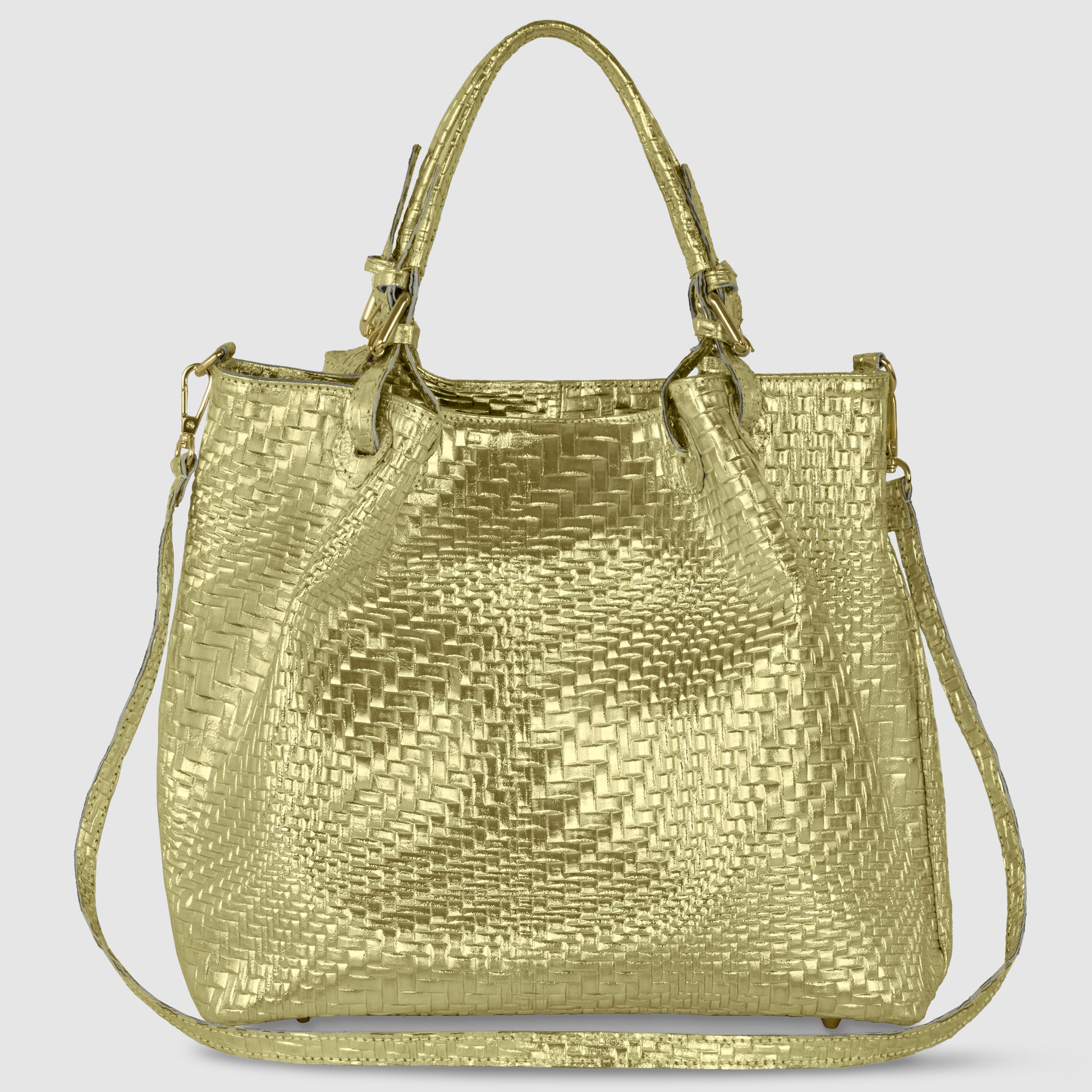 A Grid Metallic Gold Italian leather handbag with a woven texture, two short handles, and a long adjustable shoulder strap is displayed against a plain light gray background.