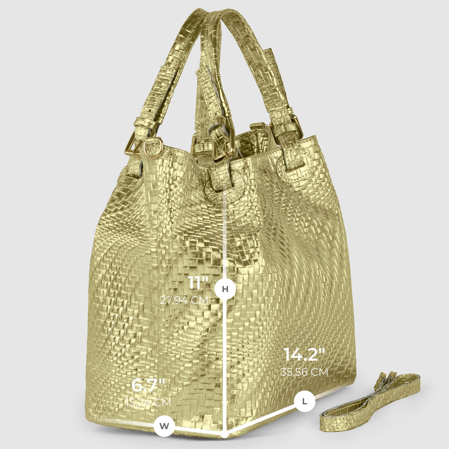 A gold woven handcrafted women's bag with two top handles, an attached buckle, and a detachable shoulder strap beside it. Dimensions shown: 11 height, 6.7 width, and 14.2 length.