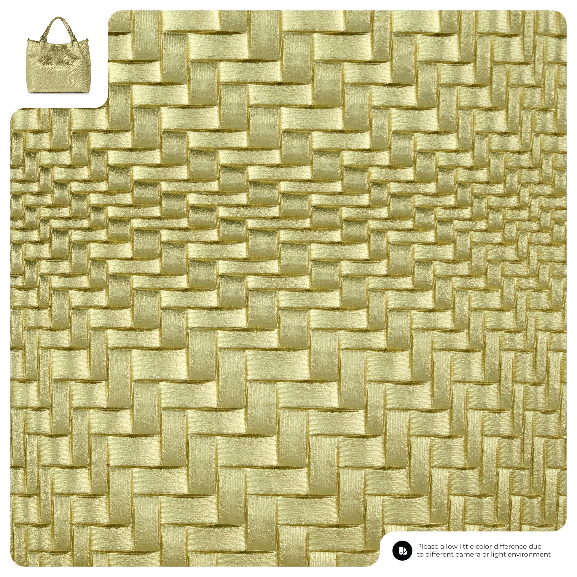 Close-up of a shiny woven gold pattern resembling a basket weave texture. In the top left corner, there is a small handmade women's purse, crafted from the same shimmering material for an elegant touch.
