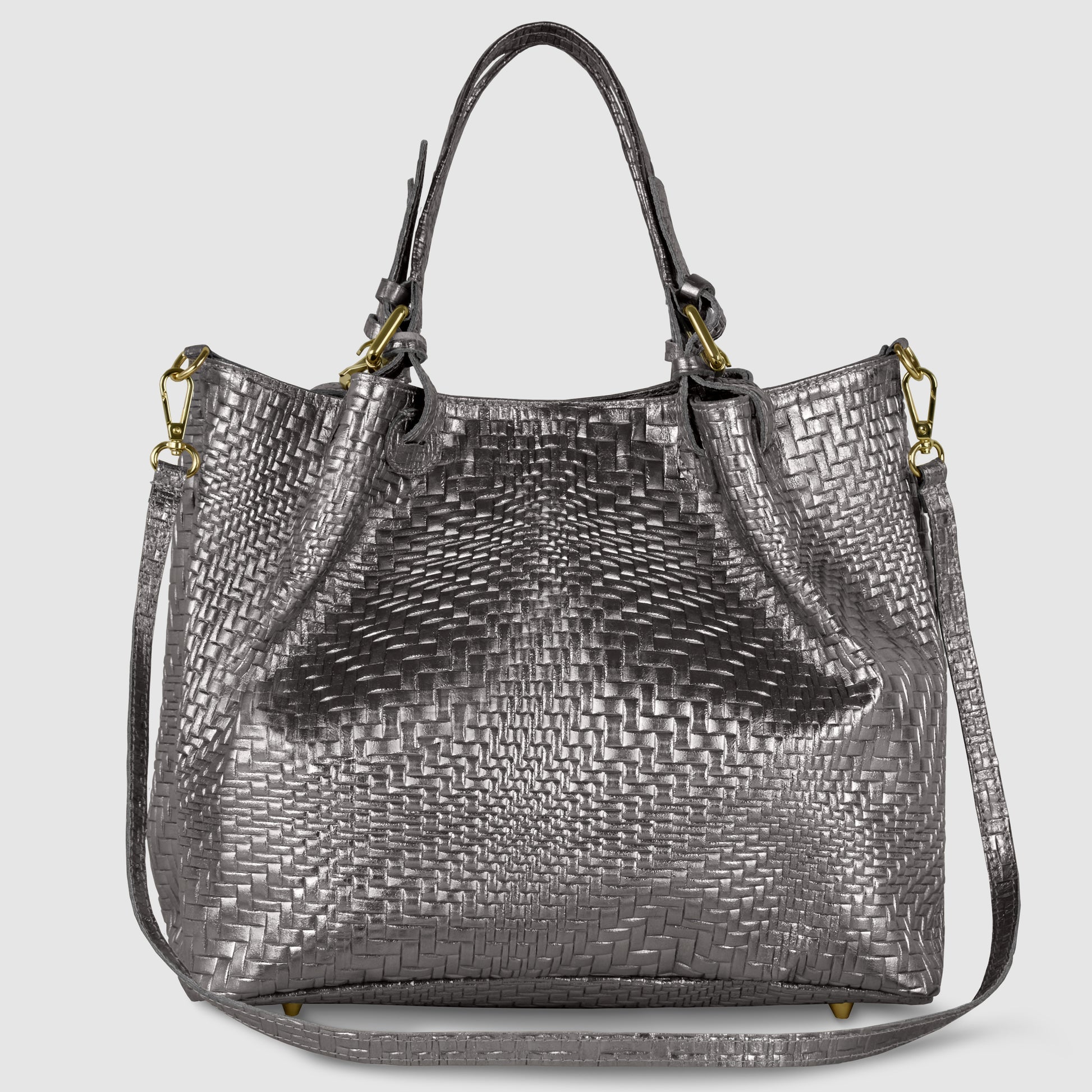 A Grid Metallic Anthracite Italian leather handbag with gold-tone hardware, two handles, and a detachable shoulder strap is displayed against a light gray background.