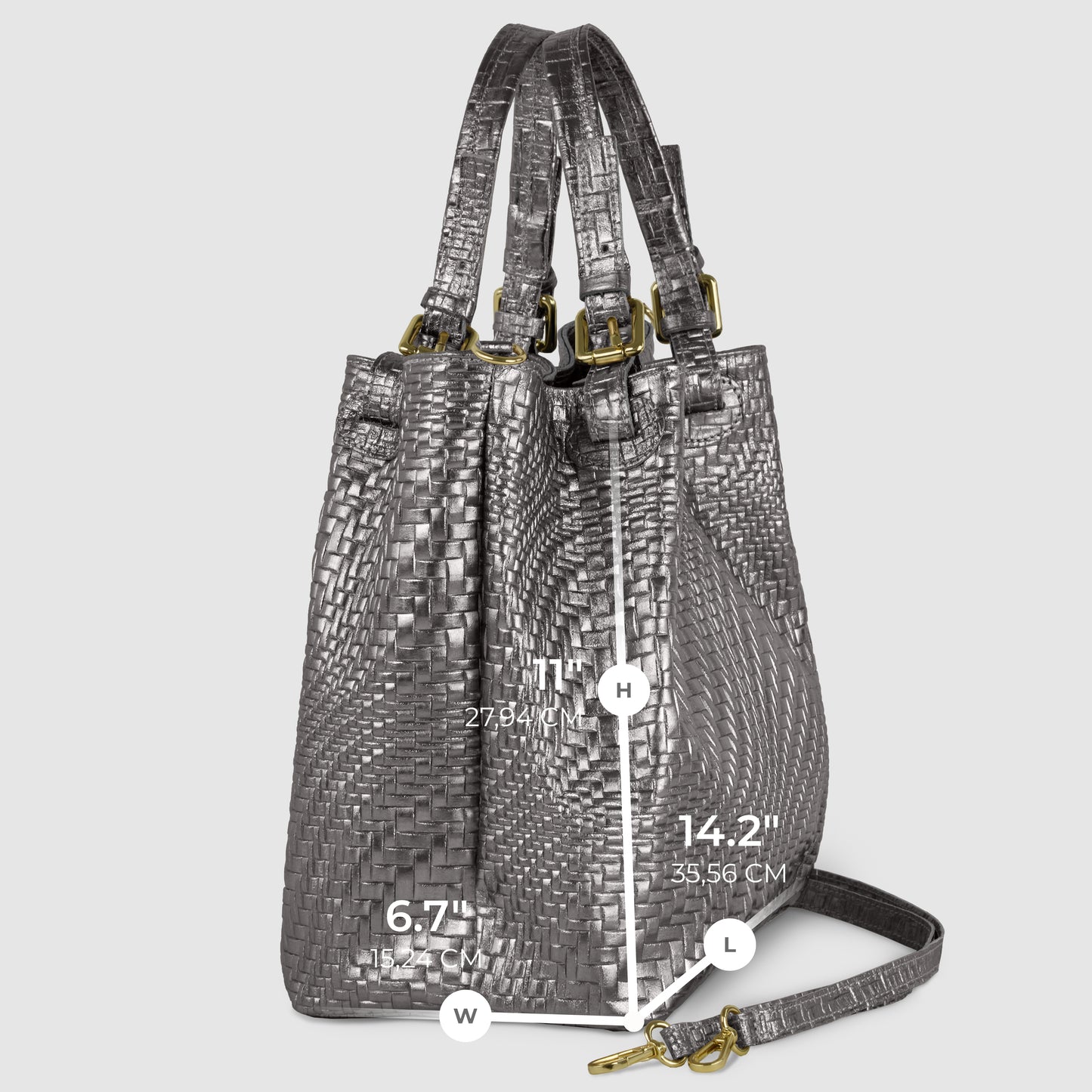 A handcrafted designer purse, this metallic woven handbag with gold hardware is shown from the side. Dimensions are labeled: 11 height, 6.7 width, and 14.2 length. A detachable strap lies in front of the bag.