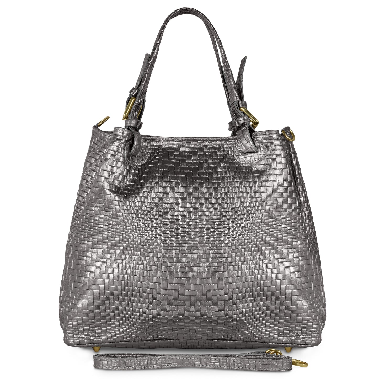 A metallic silver, Italian leather handbag with two handles, gold-tone hardware, and a detachable shoulder strap displayed in front. This handcrafted designer purse features a structured, textured appearance with woven detailing.