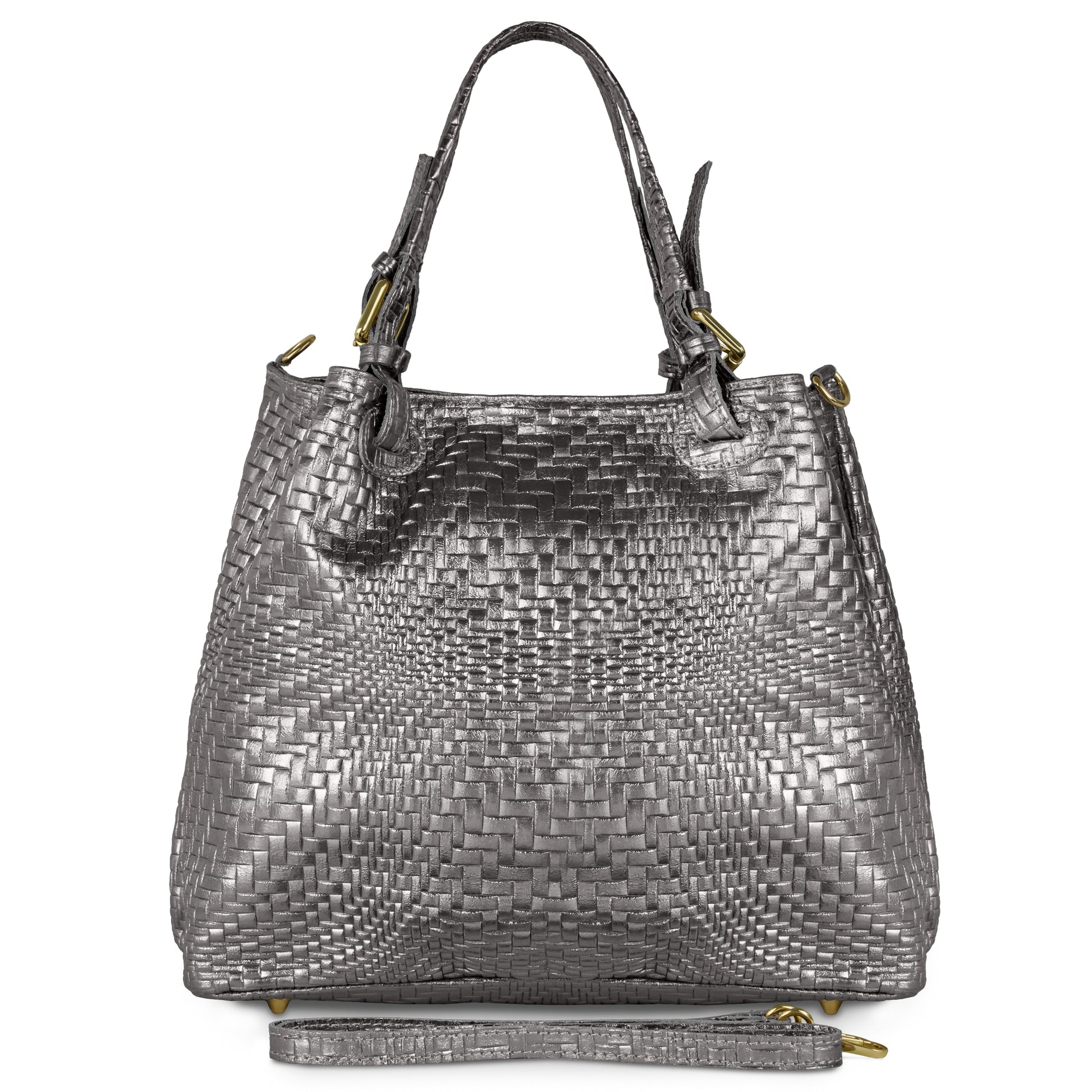 A metallic silver, Italian leather handbag with two handles, gold-tone hardware, and a detachable shoulder strap displayed in front. This handcrafted designer purse features a structured, textured appearance with woven detailing.