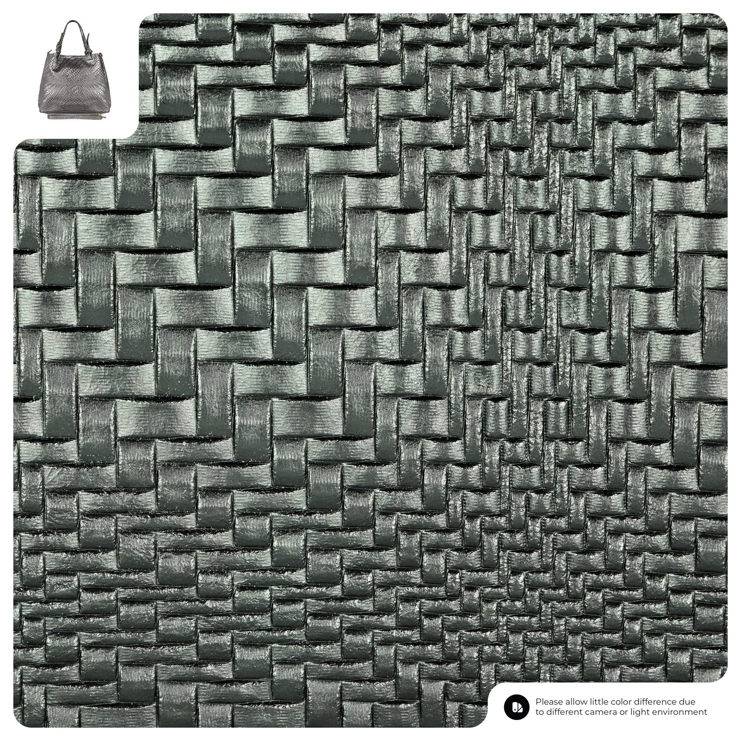 Close-up of a metallic, woven basket-like texture in shades of gray, with a small image of an Italian leather handbag in the top left corner and a note about color differences at the bottom right.