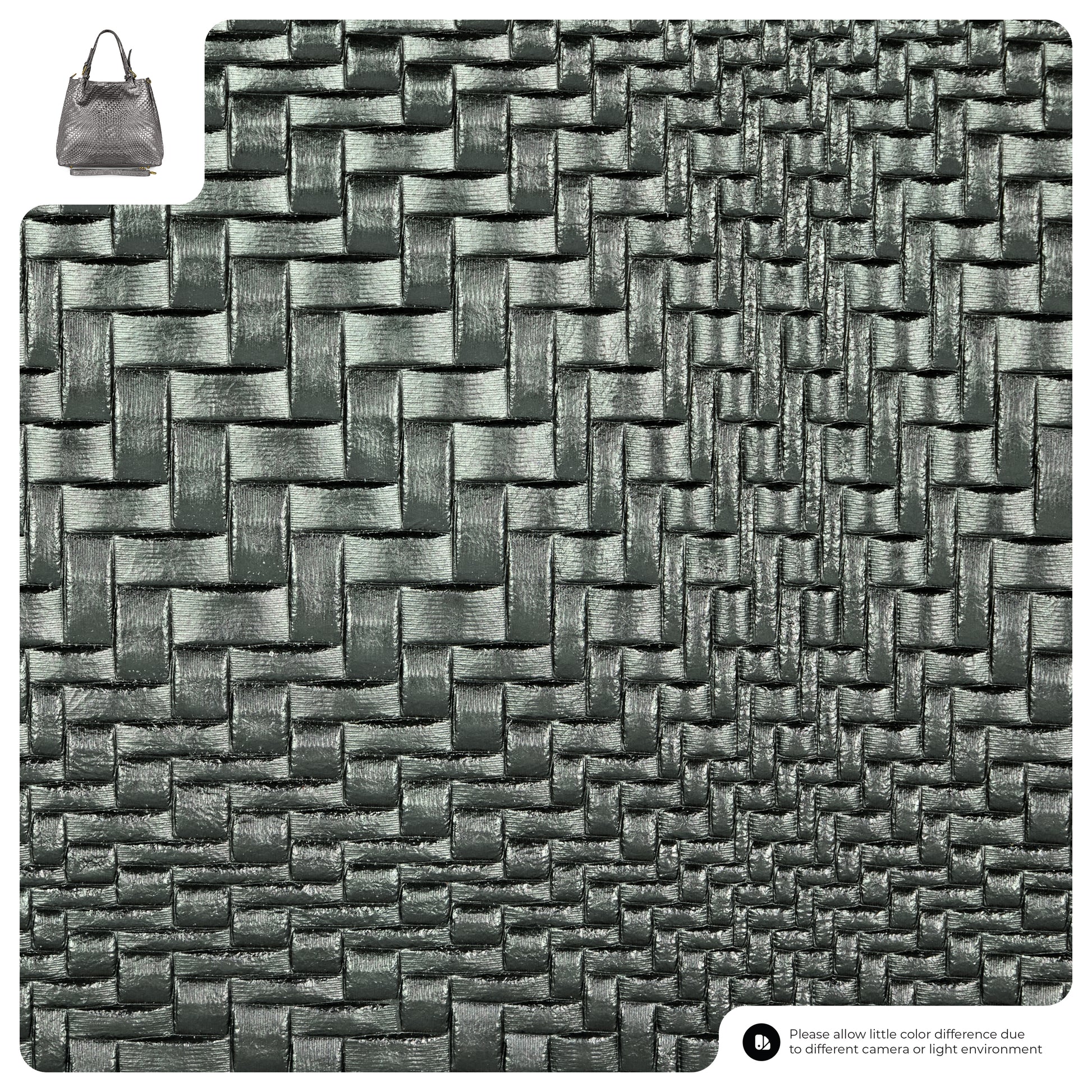 Close-up of a metallic, woven basket-like texture in shades of gray, with a small image of an Italian leather handbag in the top left corner and a note about color differences at the bottom right.