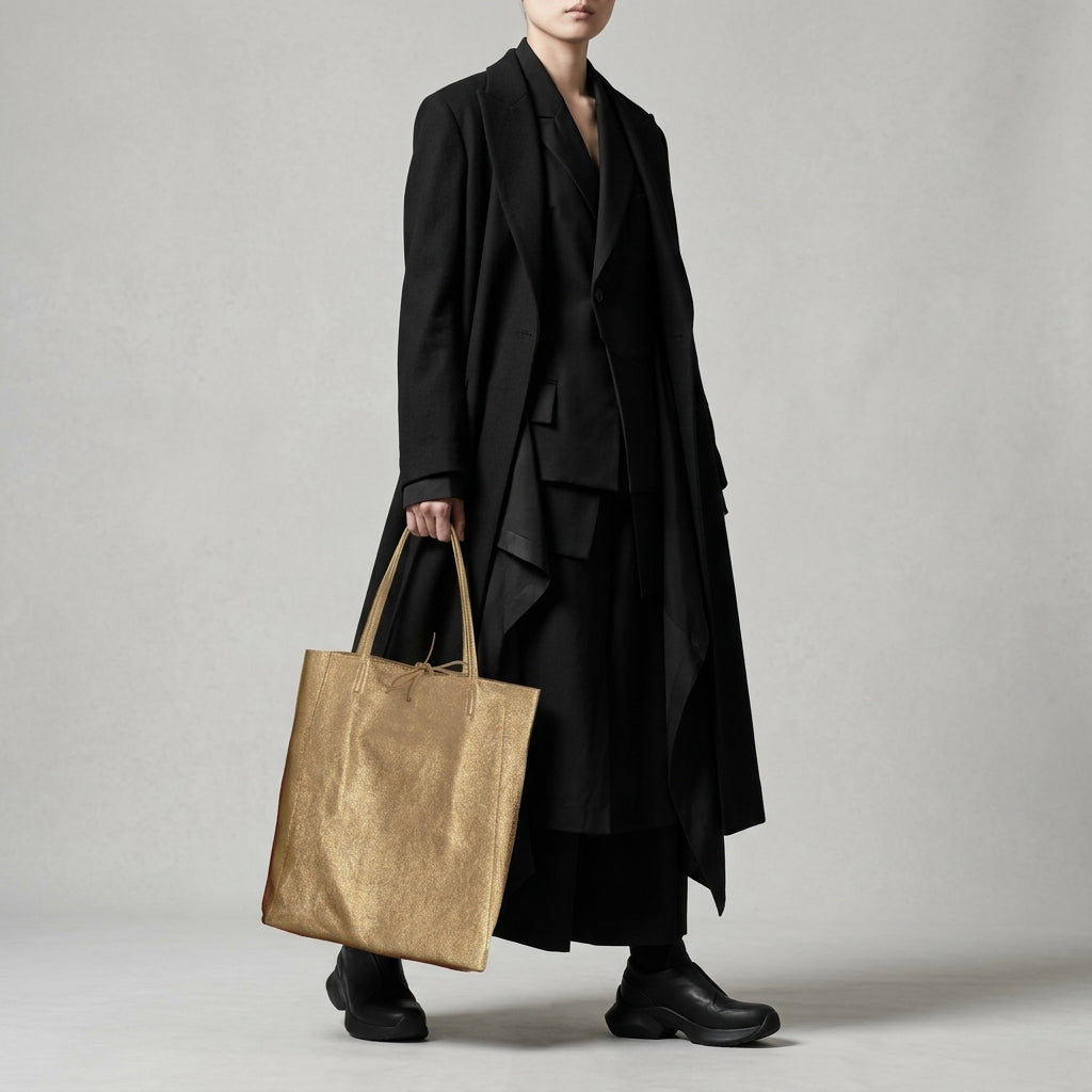 A person wearing layered black clothing and black shoes stands holding a large handmade bag crafted with real Tuscan craft. The background is plain and neutral, and the person’s face is not visible.