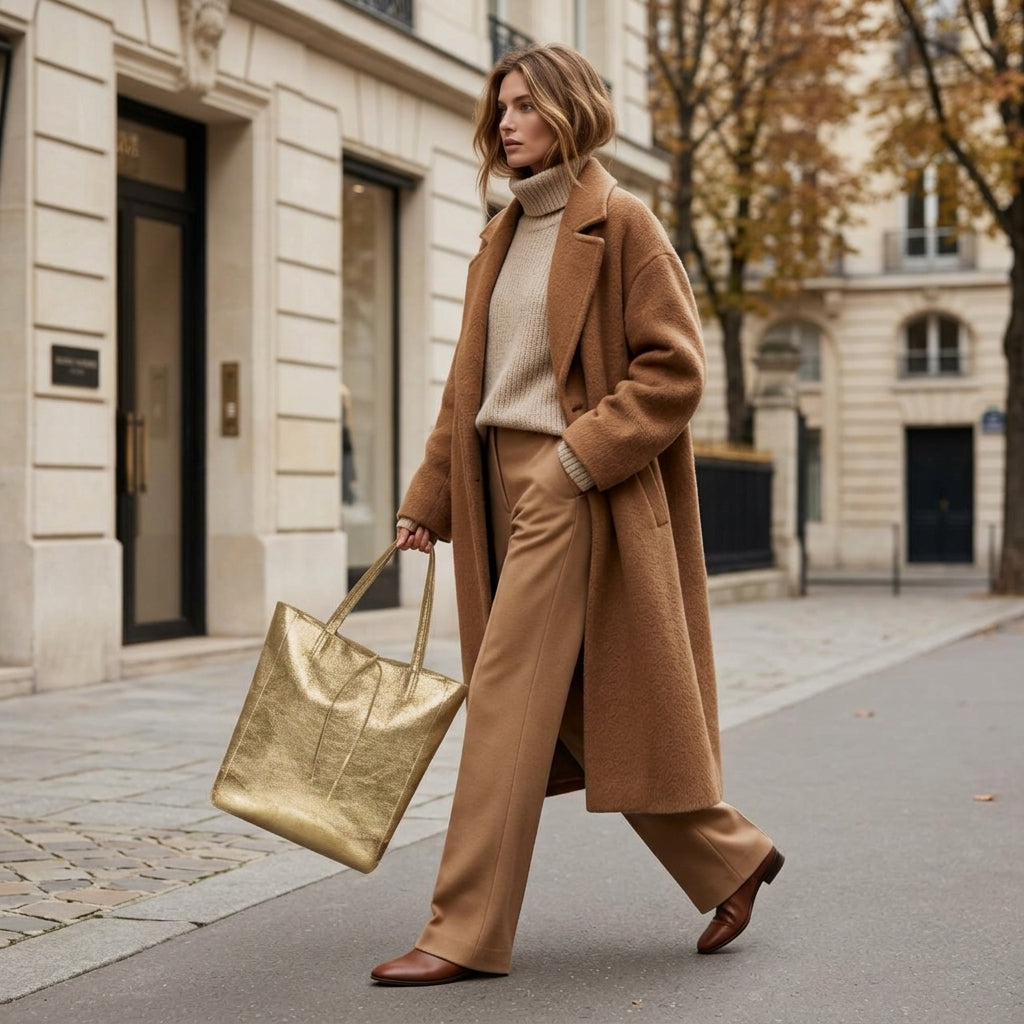 A woman in a tan coat, beige turtleneck, and matching pants walks confidently on a city street, carrying an elegant handmade bag. The background features beautiful buildings and autumn trees.