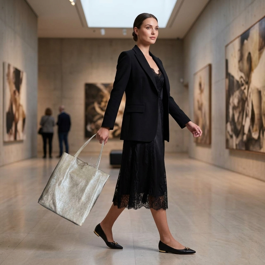 A woman in a black dress and blazer walks through an art gallery, carrying a striking Italian suede purse. Blurred paintings hang on the walls as two people quietly observe artwork in the background.
