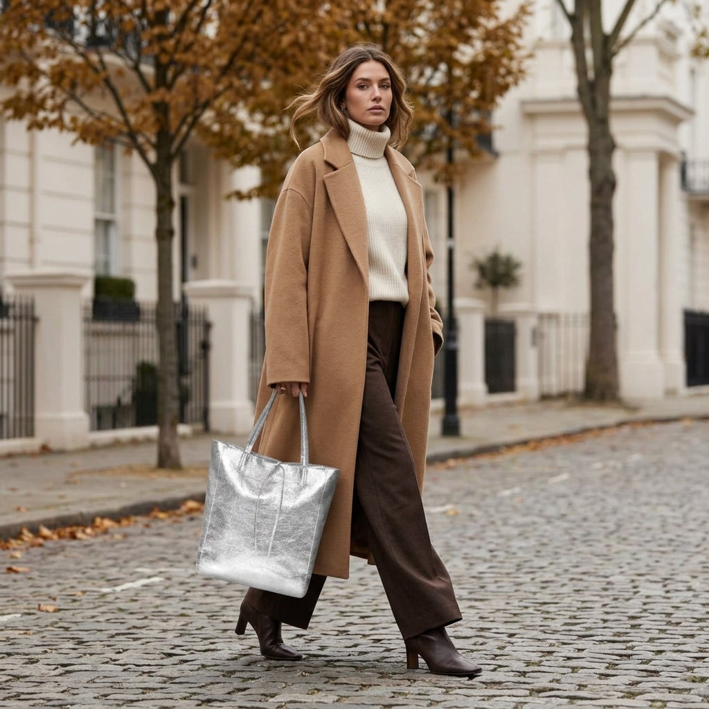 A woman walks on a cobblestone street lined with autumn trees, wearing a long camel coat, cream turtleneck, brown pants, heeled boots, and carrying an Italian suede purse—a true piece of real Tuscan craft.