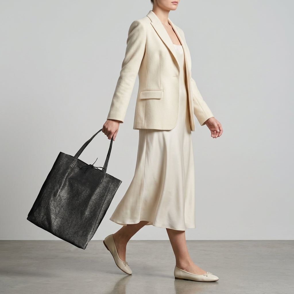 A person wearing a cream blazer and matching midi dress walks forward, holding a handmade bag that highlights real Tuscan craft, and wearing beige flats, against a plain light background.