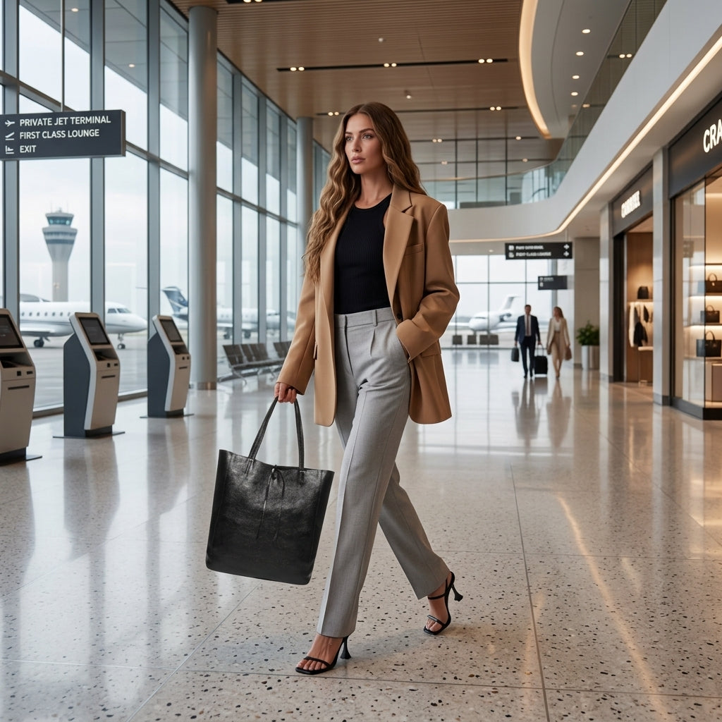 A woman in business attire walks confidently through a modern airport terminal, carrying a handmade bag. Airplanes are visible outside the windows, and airport signs hang overhead.