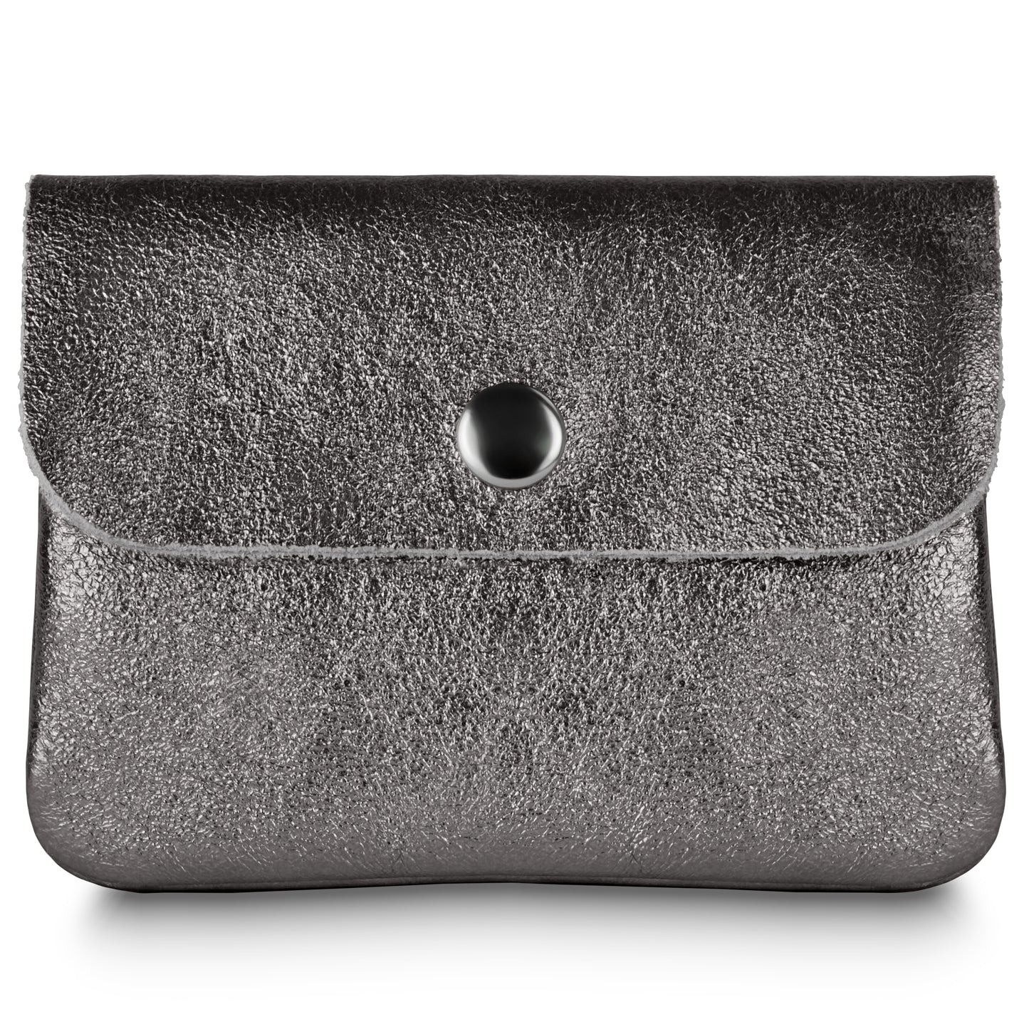 A small, metallic anthracite leather pouch with a flap closure and black snap button, this women's compact wallet exudes modern style against a white background.