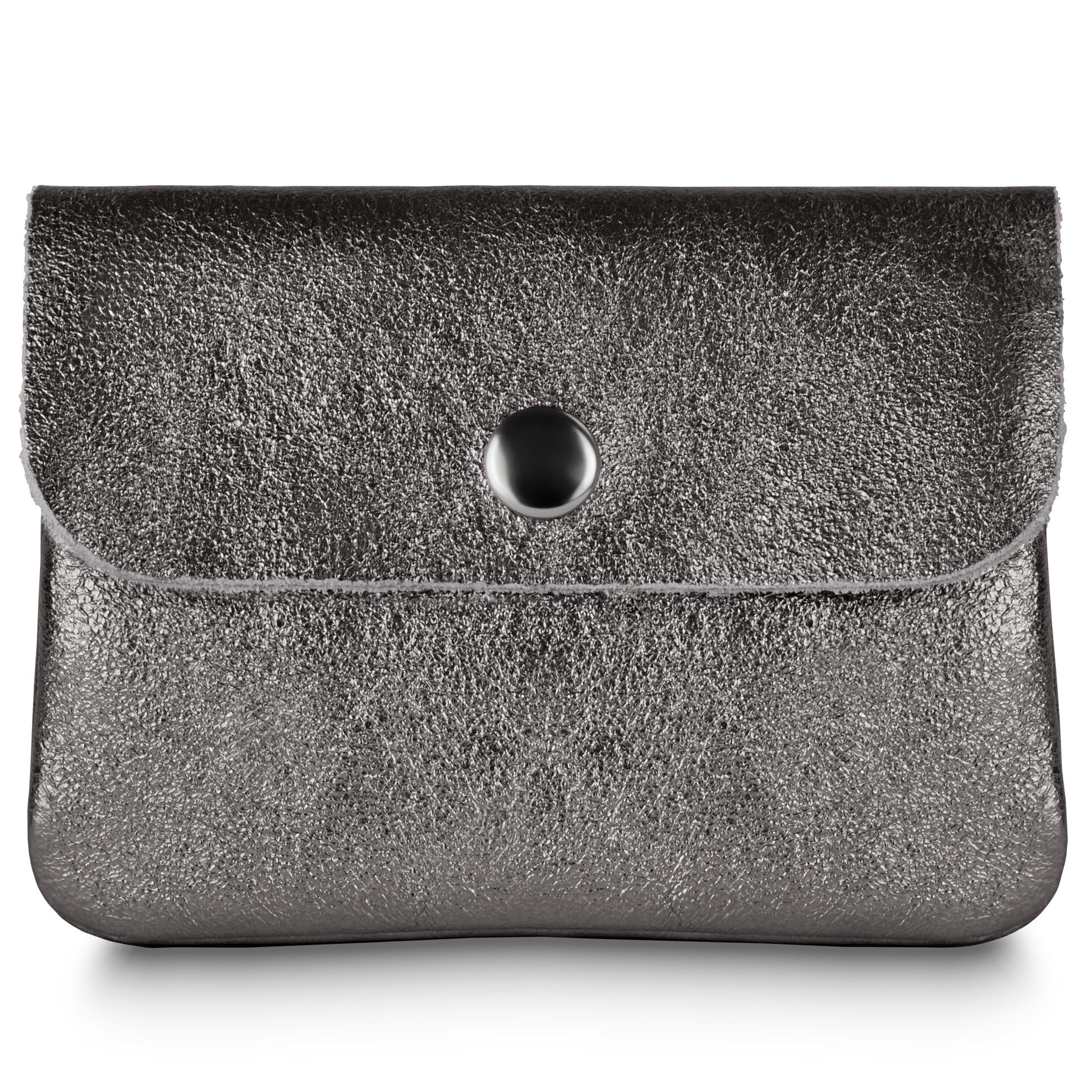 A small, metallic anthracite leather pouch with a flap closure and black snap button, this women's compact wallet exudes modern style against a white background.