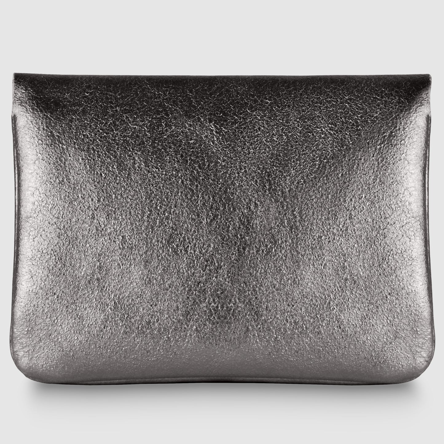 A metallic silver clutch bag with a textured, shiny surface and rectangular shape evokes the elegance of an Italian luxury wallet, with no visible straps or embellishments, set against a plain white background.