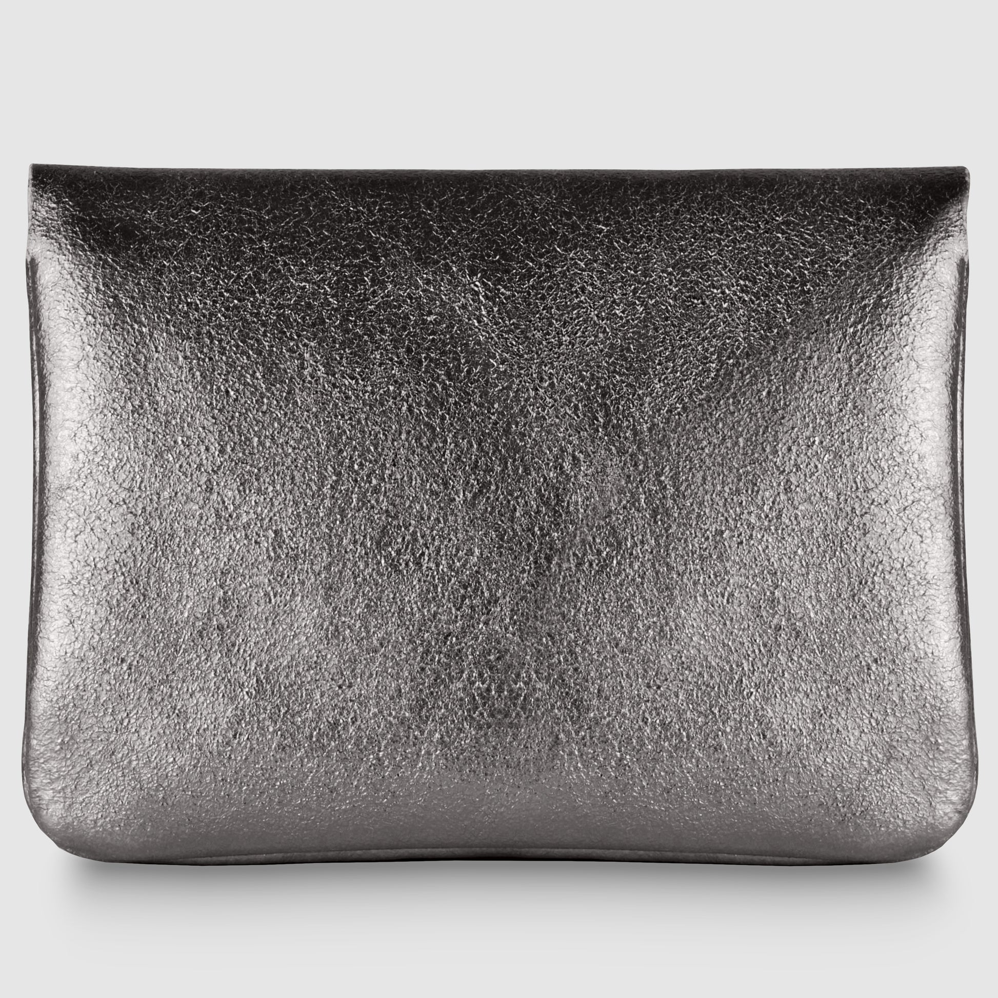 A metallic silver clutch bag with a textured, shiny surface and rectangular shape evokes the elegance of an Italian luxury wallet, with no visible straps or embellishments, set against a plain white background.