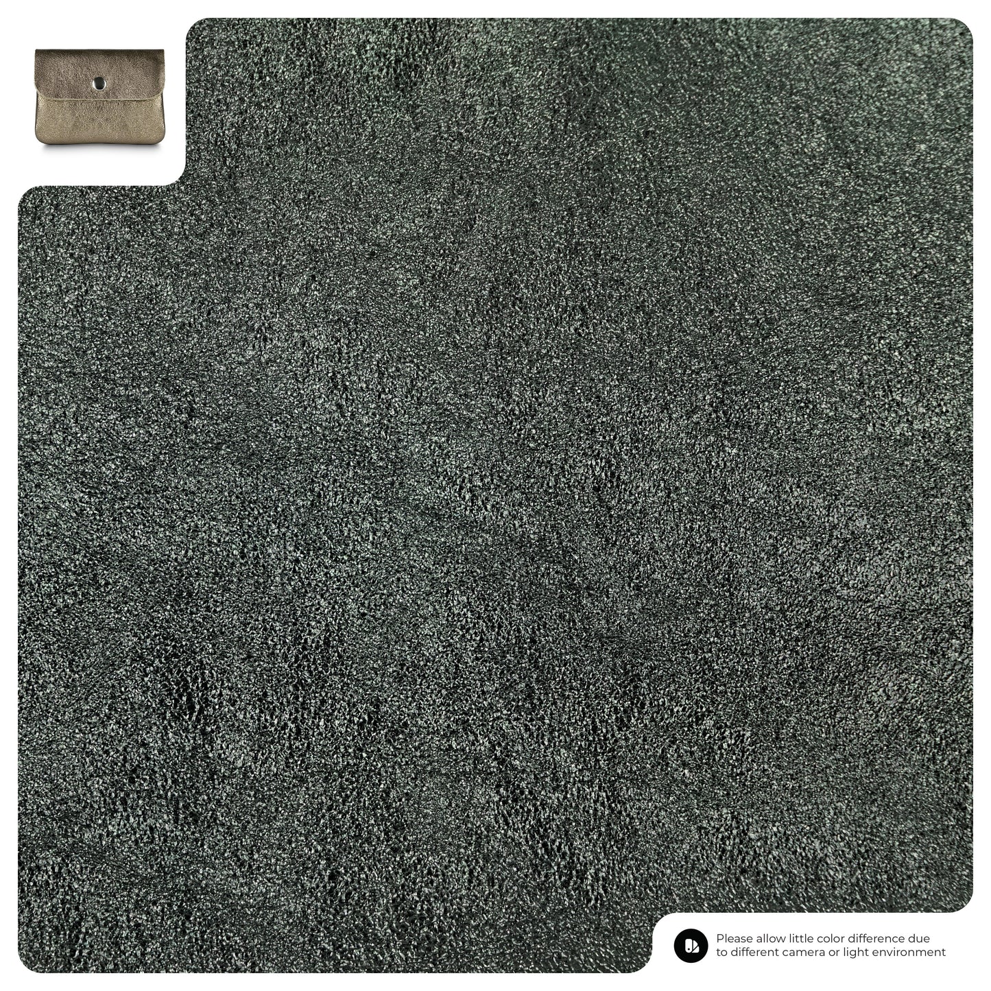 Close-up of textured, metallic anthracite suede; the Gleam Suede Leather wallet appears in the top left. A note in the bottom right states color may vary due to lighting or camera differences.