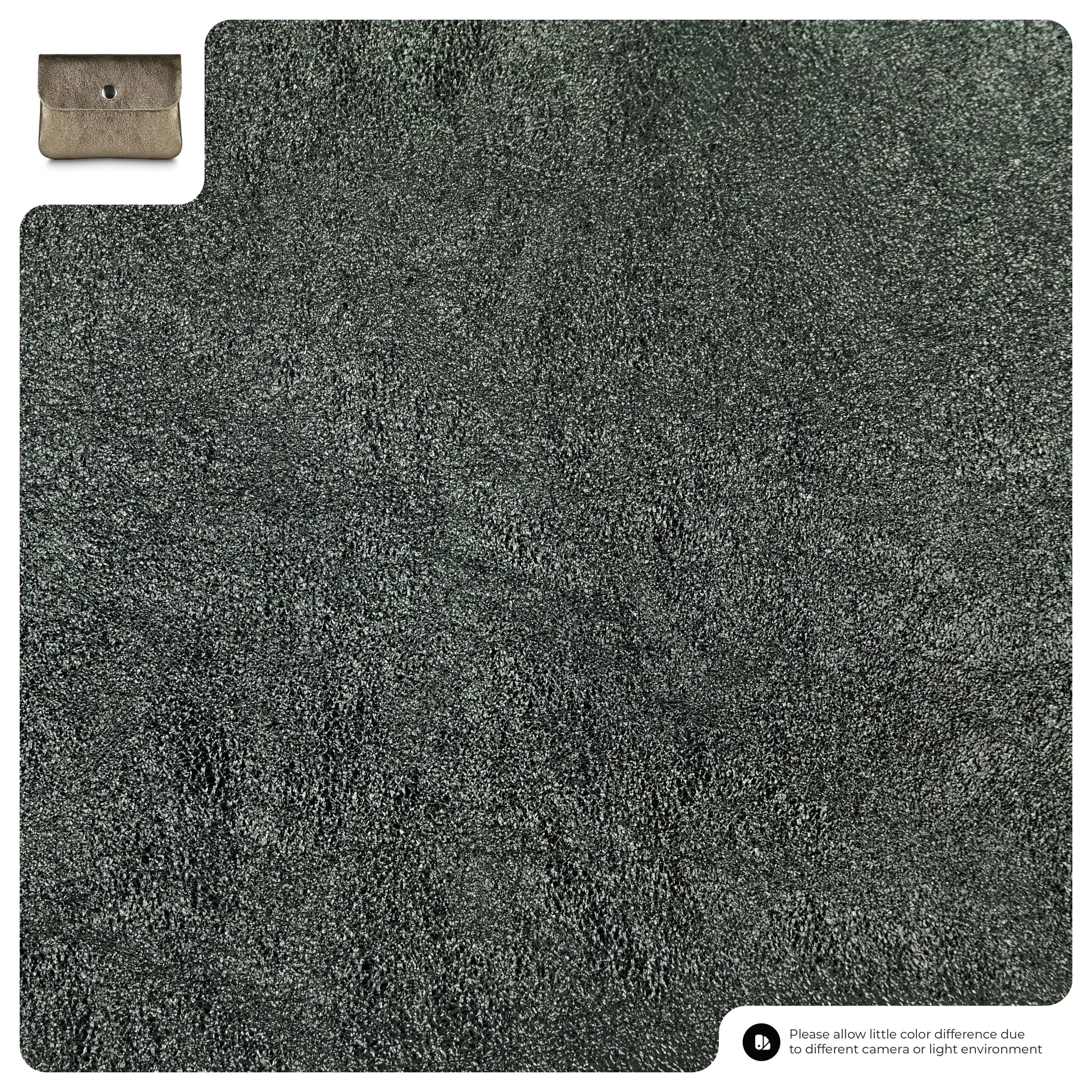 Close-up of textured, metallic anthracite suede; the Gleam Suede Leather wallet appears in the top left. A note in the bottom right states color may vary due to lighting or camera differences.