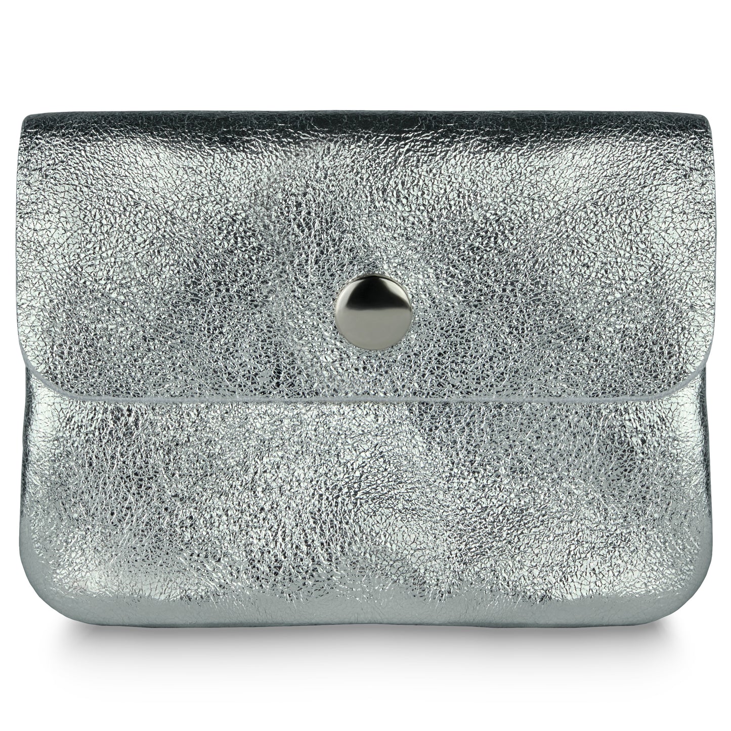 A small clutch purse in metallic silver with a textured surface, inspired by Italian luxury wallets, featuring a flap closure and a round silver button at the center.