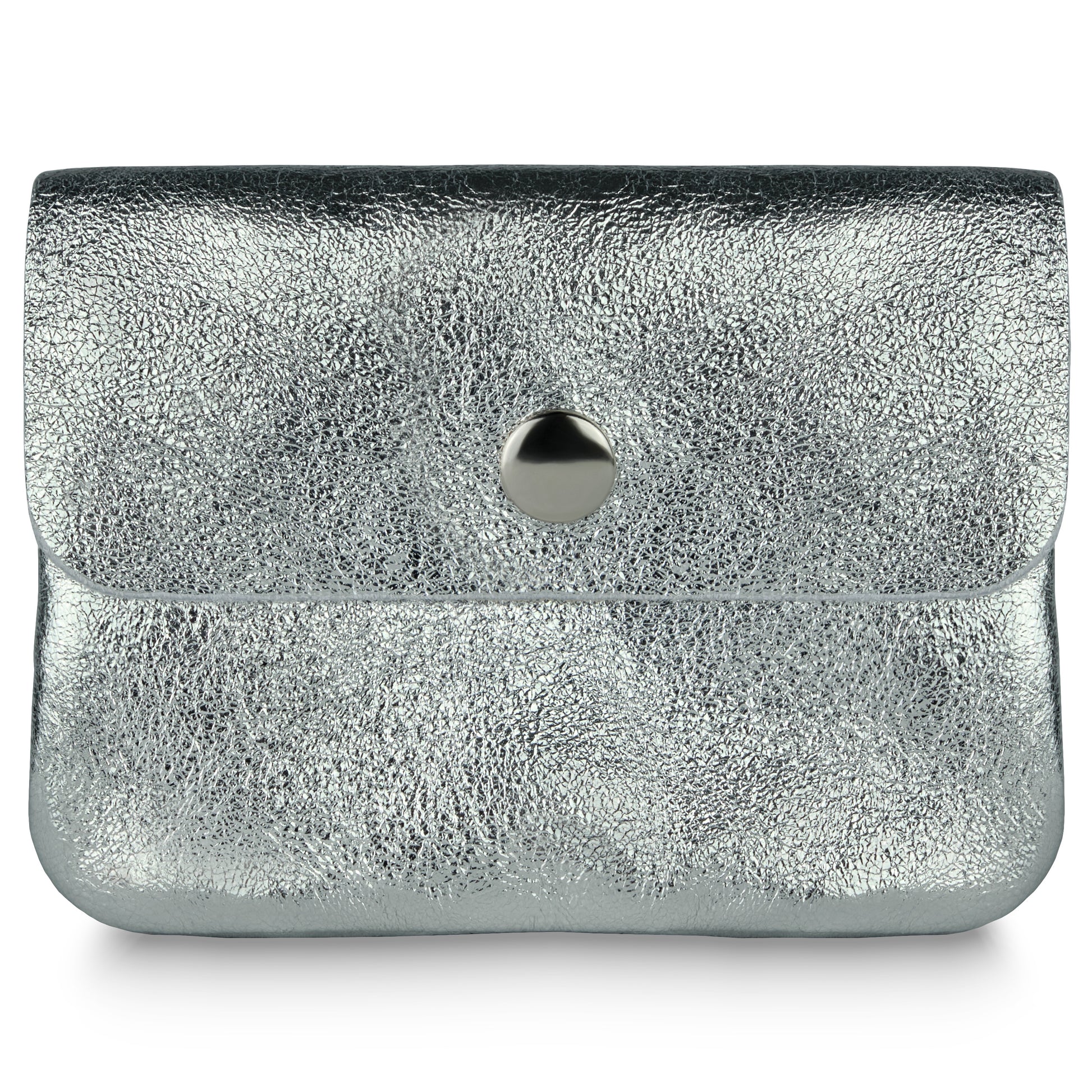 A small clutch purse in metallic silver with a textured surface, inspired by Italian luxury wallets, featuring a flap closure and a round silver button at the center.